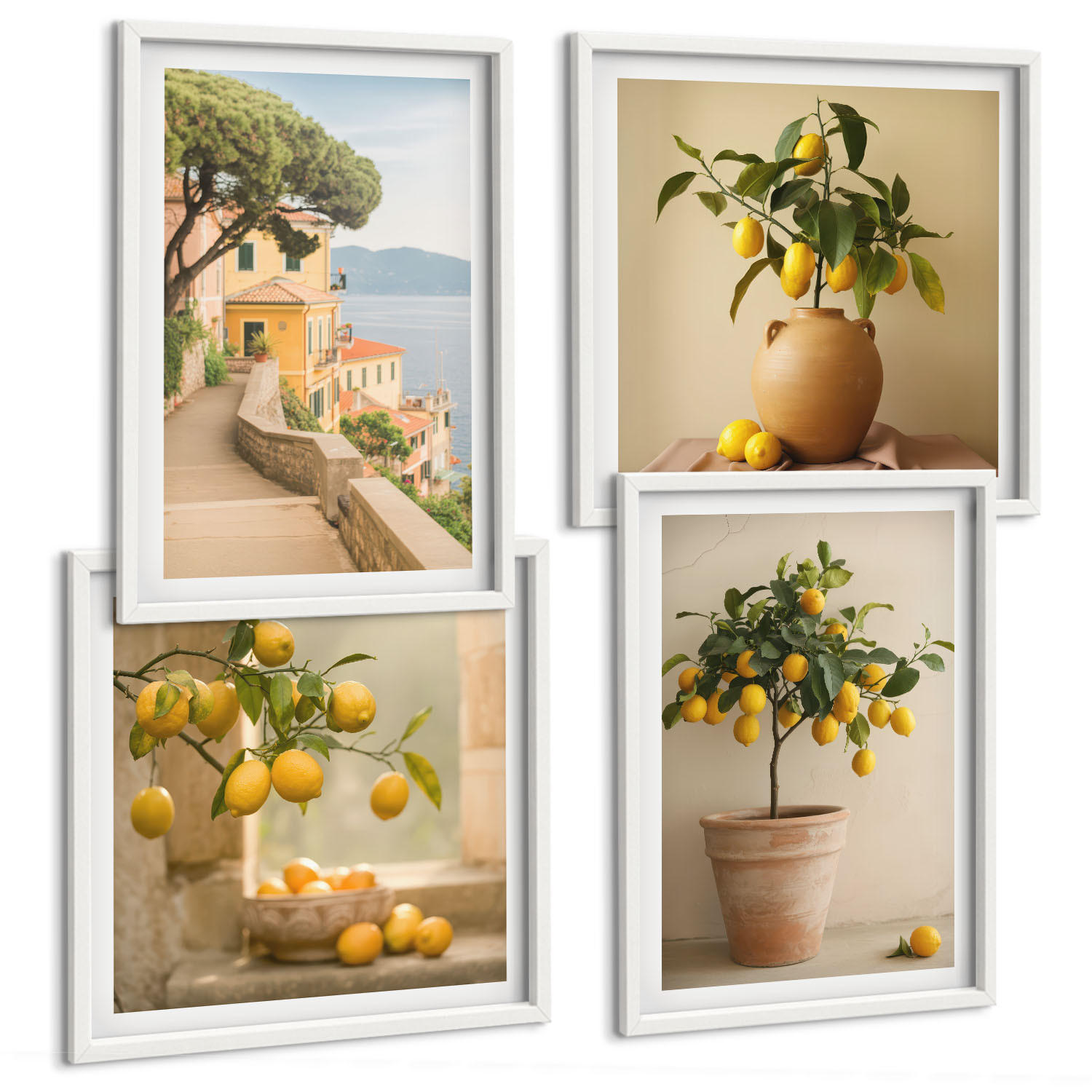 BILDER SET 4er Set - 50x50 cm & 40x60 cm Weißer Rahmen - Zitronenbäume im Topf - Weiß, Kunststoff (50/50cm) - TULUP