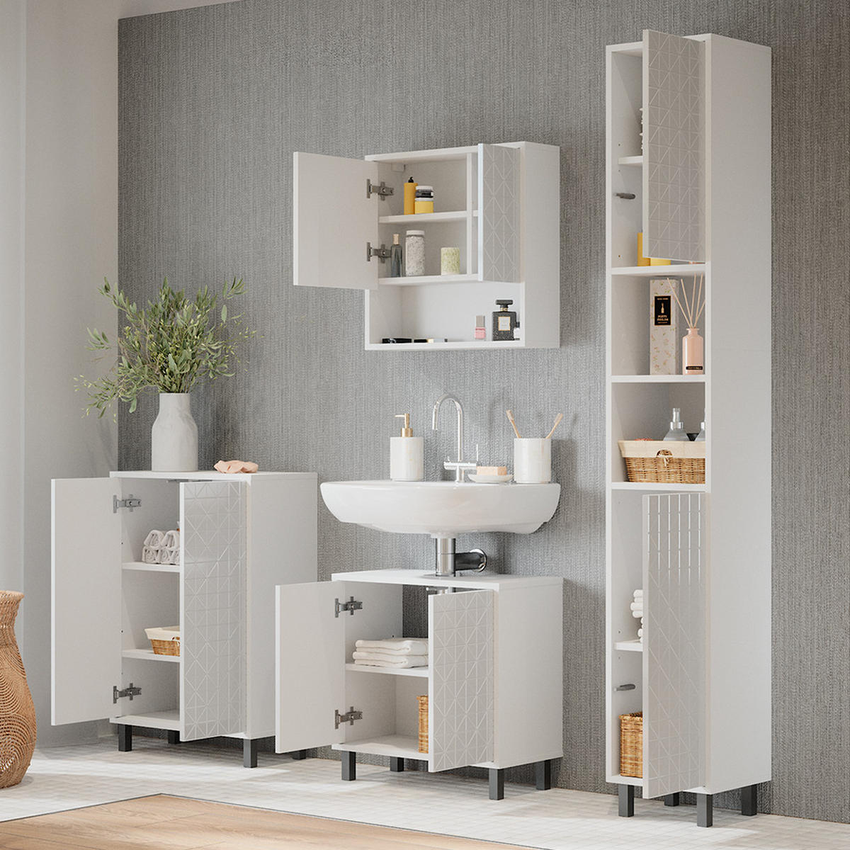 BADMÖBEL-SET Agasta Weiß 4 Teile, mit Hochschrank - Weiß, Holzwerkstoff (56/57/28cm) - Vicco