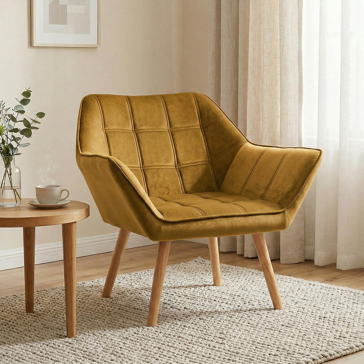 ARMLEHNENSTUHL DE-06807 Skandi Design mit Samtoptik und Kautschukholzbeinen Gelb - Gelb, Holz/Textil (61.5/71/67cm) - ComfortXL