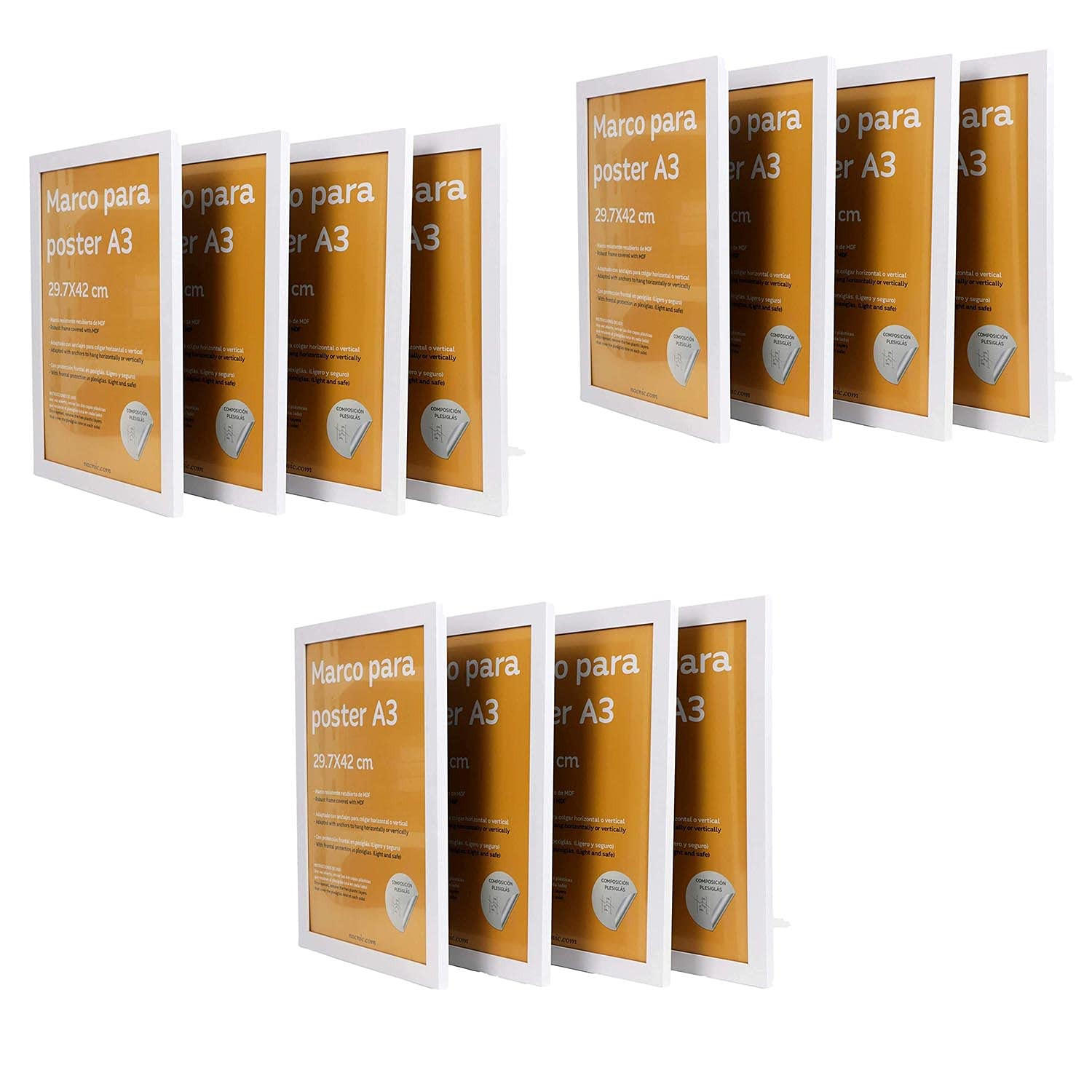 RAHMEN Set mit 12 aus MDF und Acrylglas Schutz und Aussteller für Fotografien, Bilder, Poster, Gemälde, Dekoration für Haus Farbe Weiß A3 - Weiß, Holz (29.7/3/42cm) - Nacnic