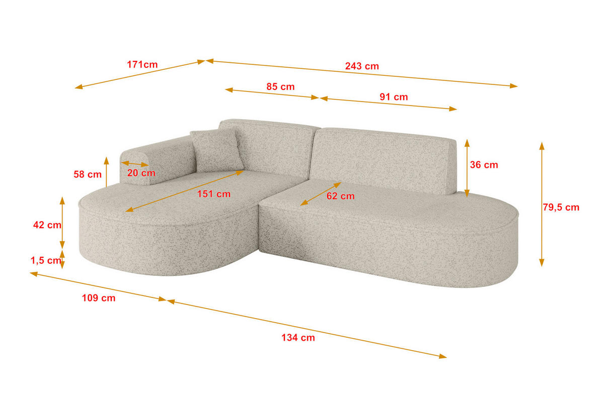 ECKSOFA Ottomane Links MARI-L1 - 243x171x79 cm Beige Tissu - Beige/Schwarz, Holzwerkstoff/Kunststoff (243/171cm) - ALTDECOR