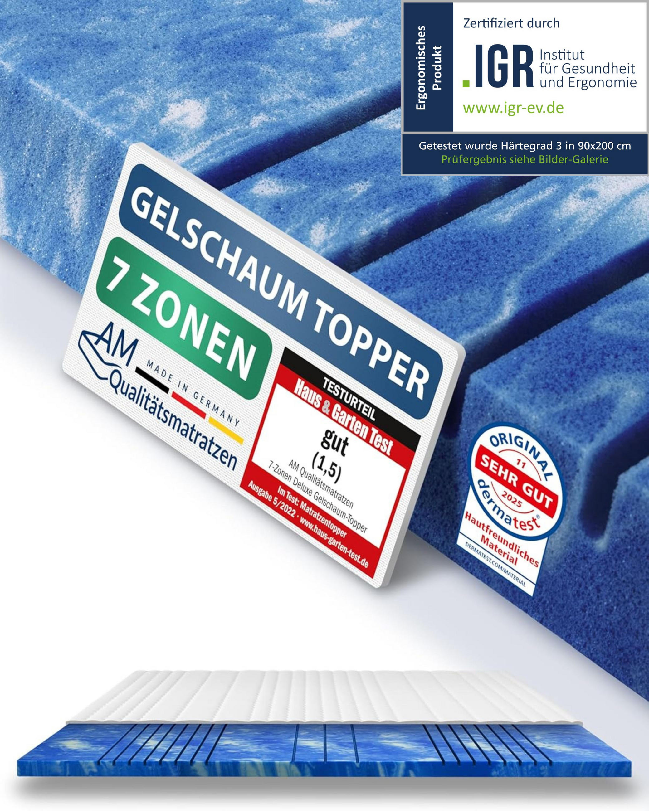 GELSCHAUM TOPPER 7-Zonen 160/210 cm - 8cm Höhe & Tencel Bezug - Weiß, Textil (160/210cm) - AM Qualitätsmatratzen