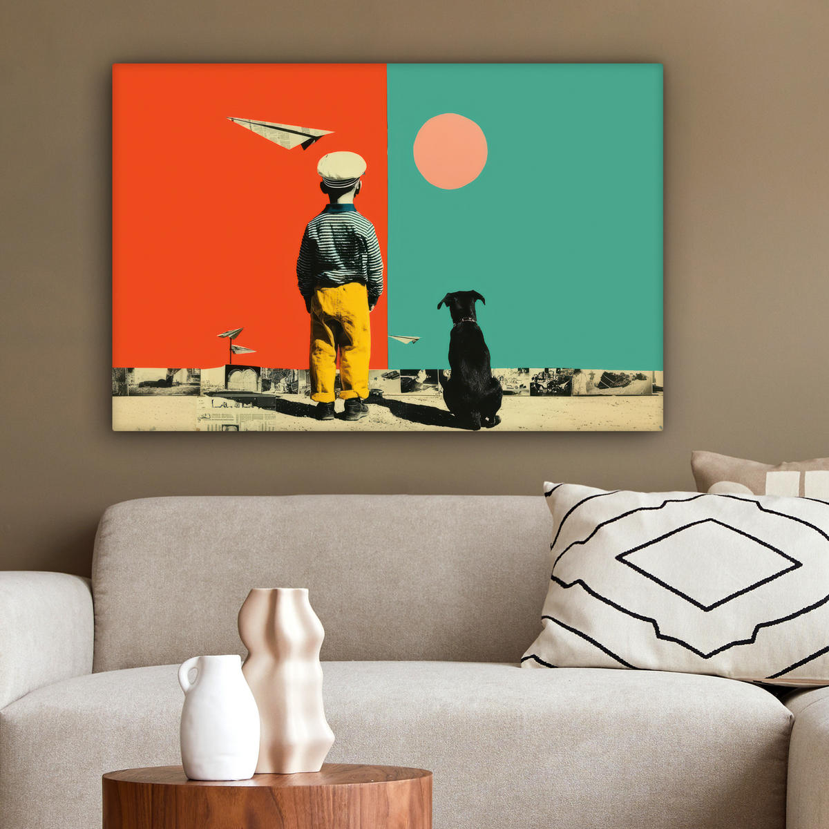 LEINWANDBILD Retro - Junge - Hund - Rot - Grün Wanddeko 90x60 cm - Orange, Textil (90/60cm) - MuchoWow