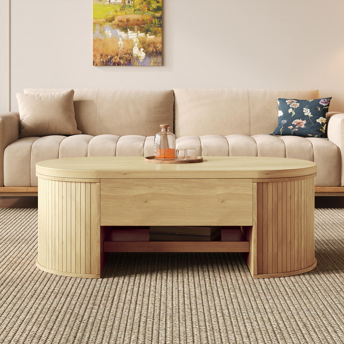 COUCHTISCH Anhebbar Ausziehbares Regal Gebogene Holzseiten Multifunktional - Braun, Holz (125.1/60.96/14.61cm) - FLIEKS