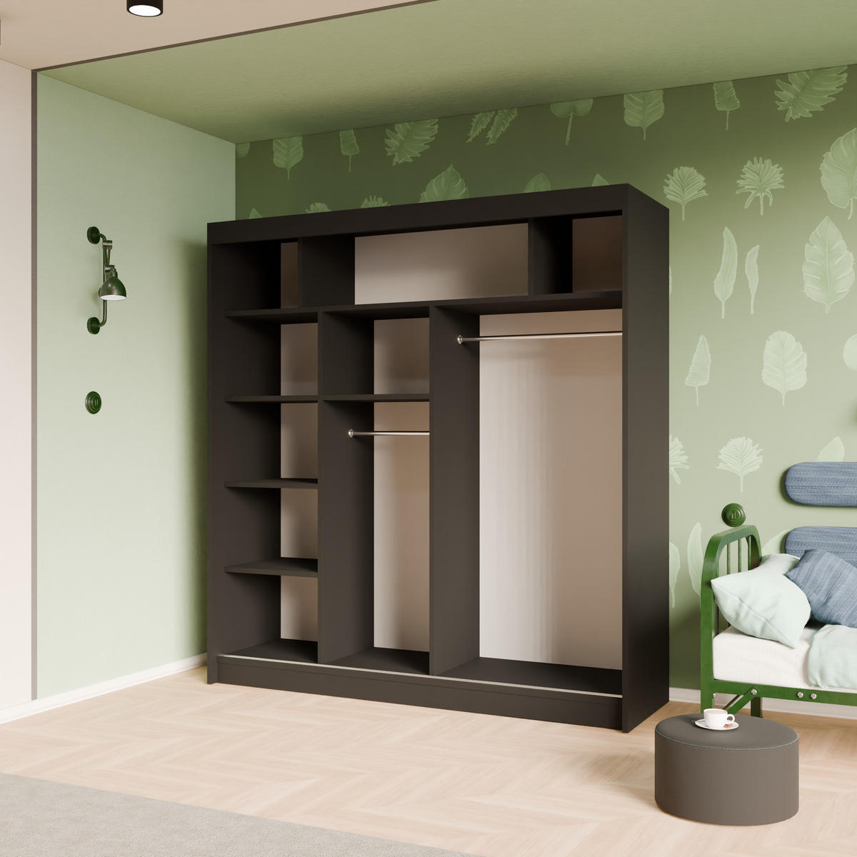 SCHIEBETÜRENSCHRANK TIPI II - Schwarz/Weiß, Holzwerkstoff (200/215/61cm) - Meblini