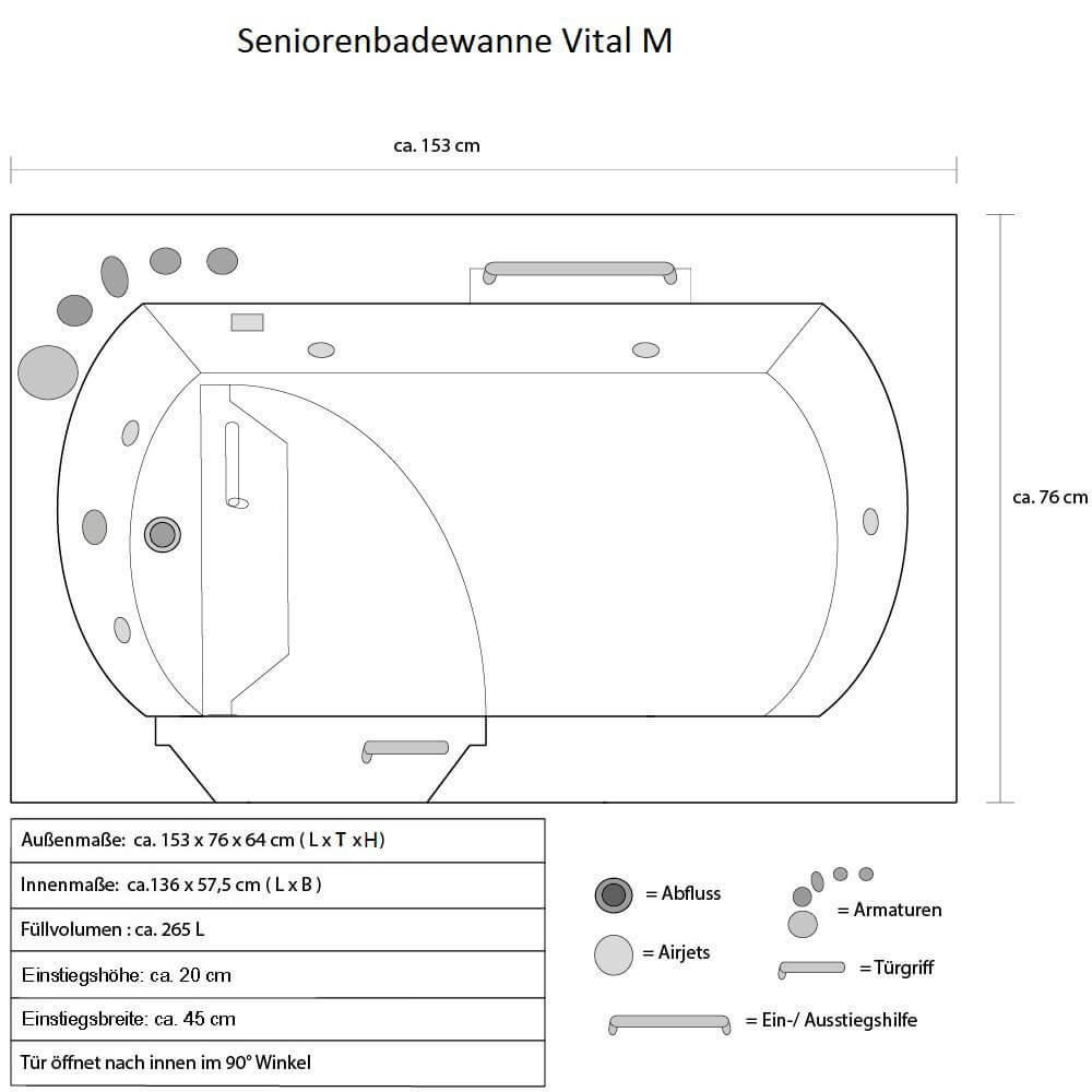 SENIORENBADEWANNE VITAL M - Seitenauslage: Links, Größe: M - Weiß, Kunststoff (153/64/76cm) - Home Deluxe