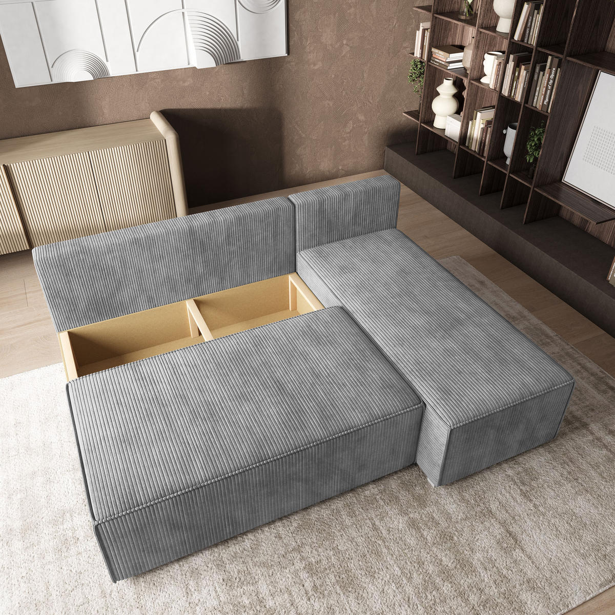 ROHOVÁ SEDAČKA BRISO světle šedá - šedá/světle šedá, dřevo/textil (200/140cm) - MASSENO