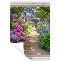 WANDTATTOO Hortensie - Fensterblick - Blumen - Sommer - Lila - Weg 80x120 cm - Lila, Kunststoff (80/120/0.1cm) - MuchoWow