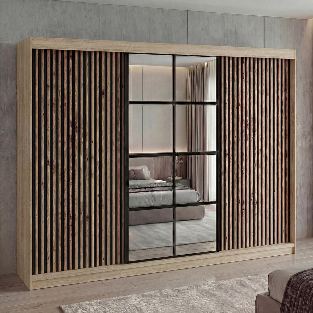 SCHWEBETÜRENSCHRANK NORIVO-Sonoma, Schwarz-Lamelle, Schwarz-Spiegel, Schwarz-Lamelle 200 cm - Schwarz/Braun, Holzwerkstoff (200/215/59.5cm) - A&J MöbelLand