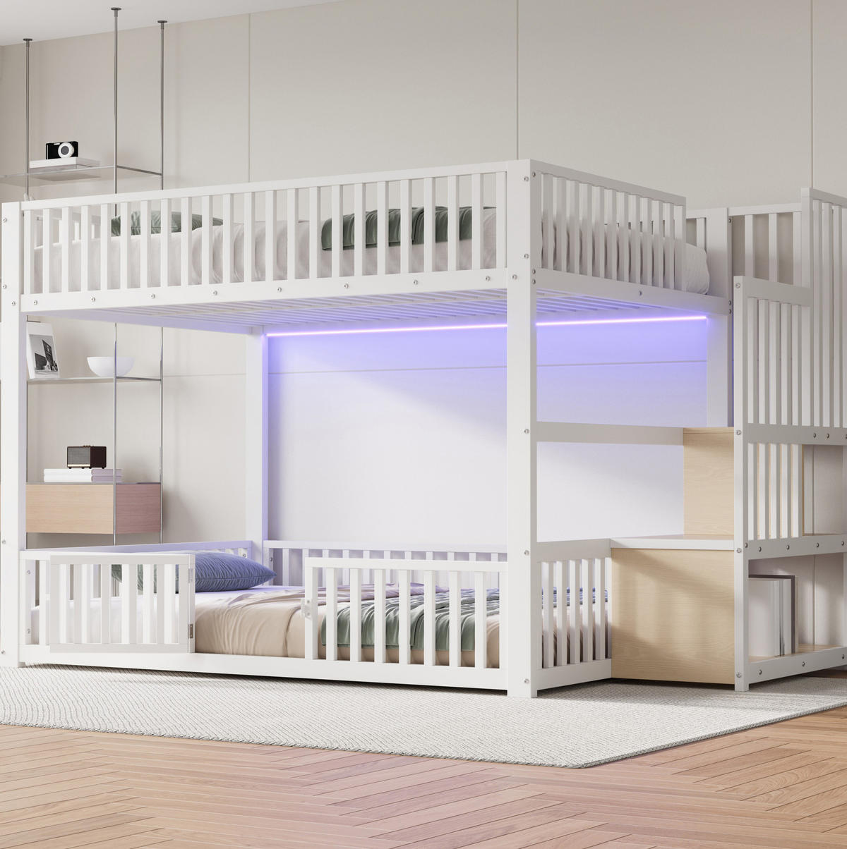 ETAGENBETT 140/200 cm aus Metall und MDF mit LED-Beleuchtung und Stauraumleiter Weiß - Weiß, Holzwerkstoff (140/200cm) - Modenvie
