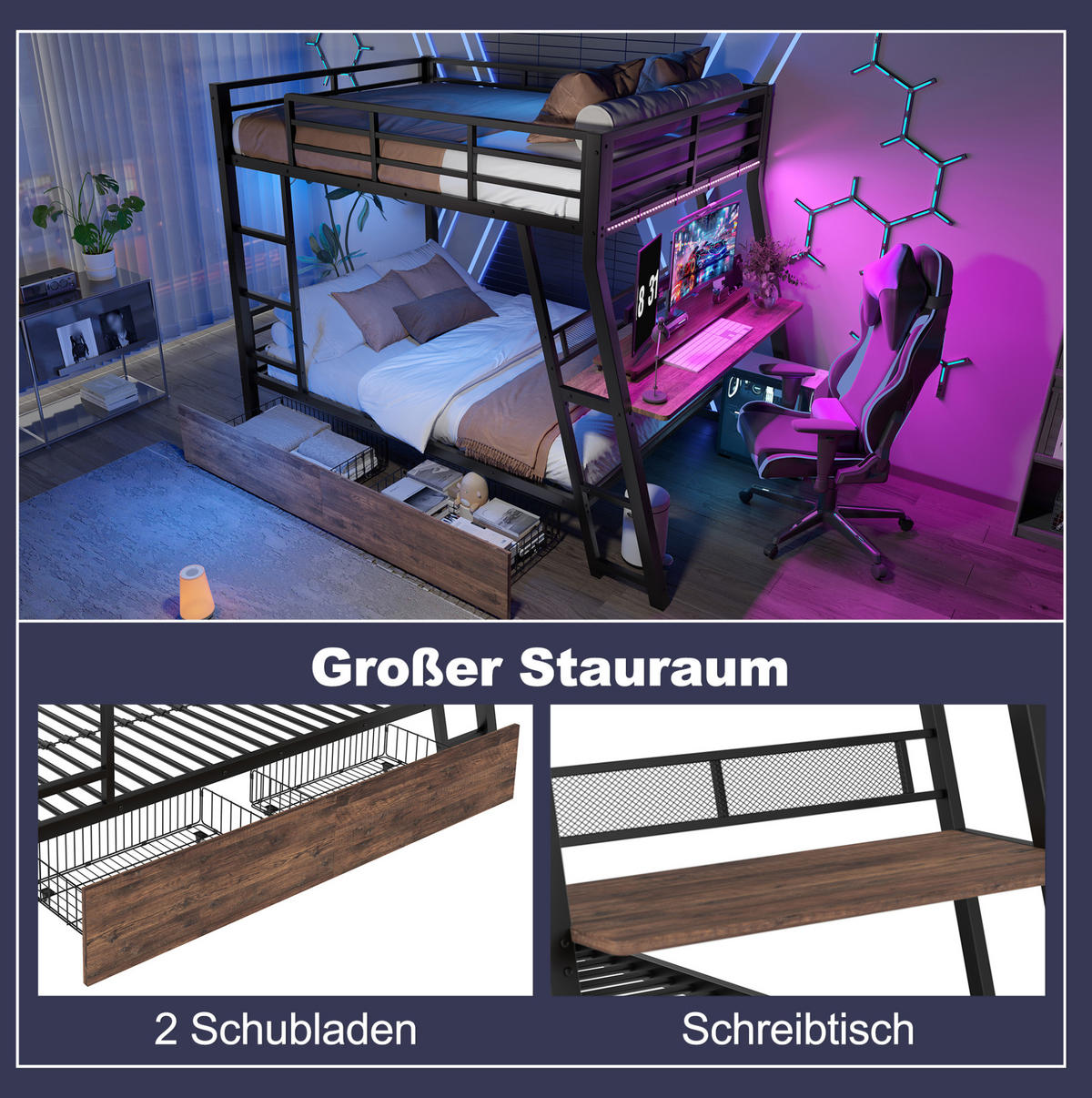 HOCHBETT aus Metall und MDF 140x200 cm Schwarz mit LED-Leiste, Schubladen, Treppe und Schreibtisch - Schwarz, Metall (140/200cm) - Modfu
