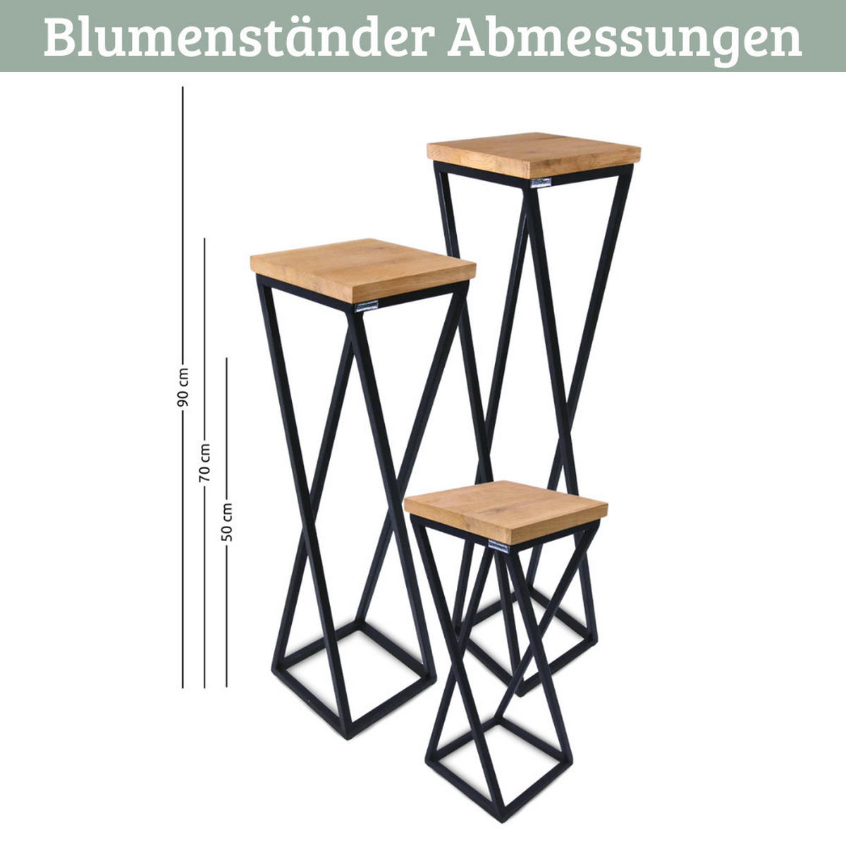 BLUMENSTÄNDER Holz Metallgestell KABRI 3er-Set Eichenholz - Braun, Holz (20/90/21cm) - DELUKE