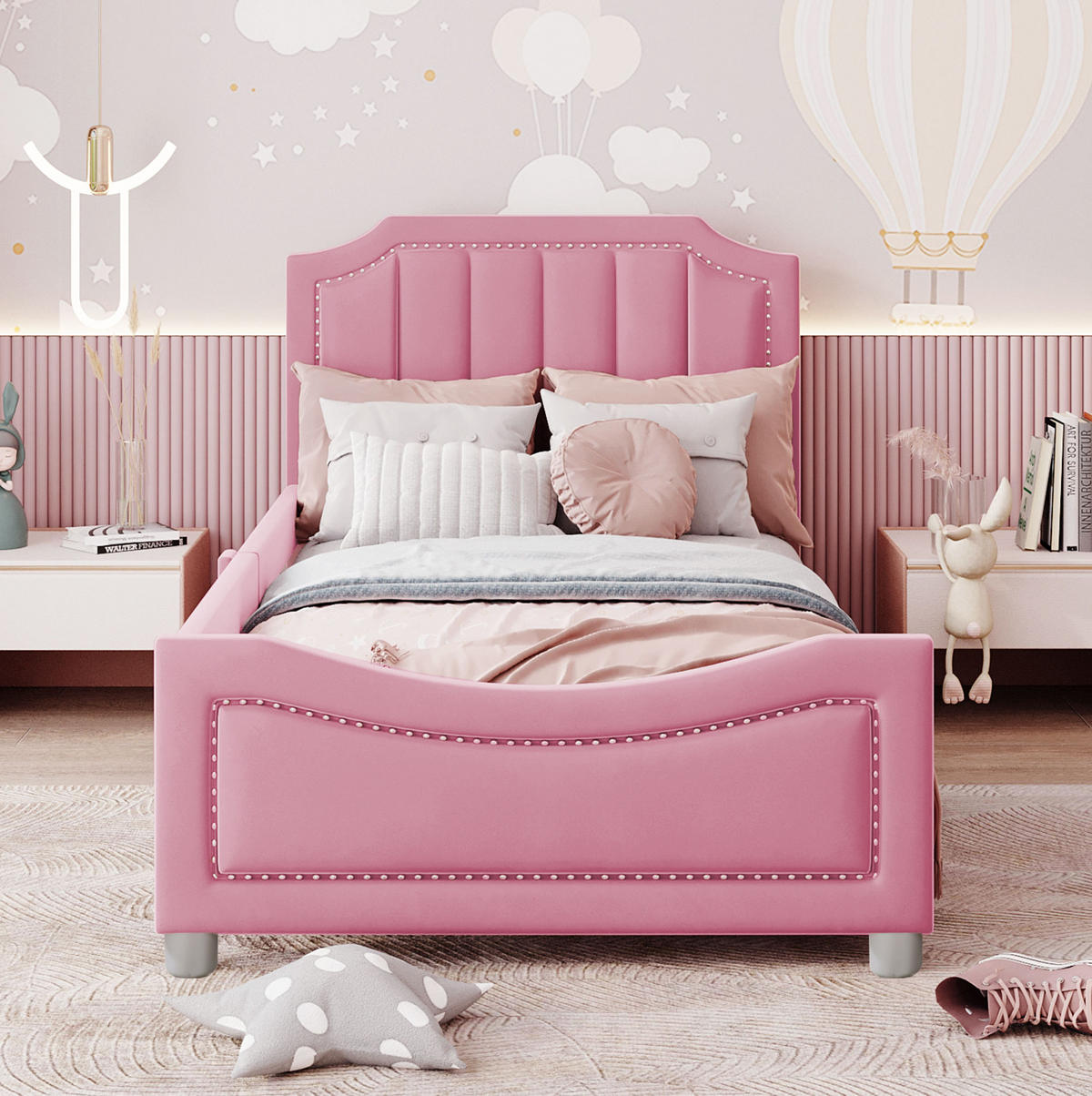 POLSTERBETT 90/200 cm Rosa aus Massivholz mit Rückenlehne - Pink, Holz (90/200cm) - OKMYHOME