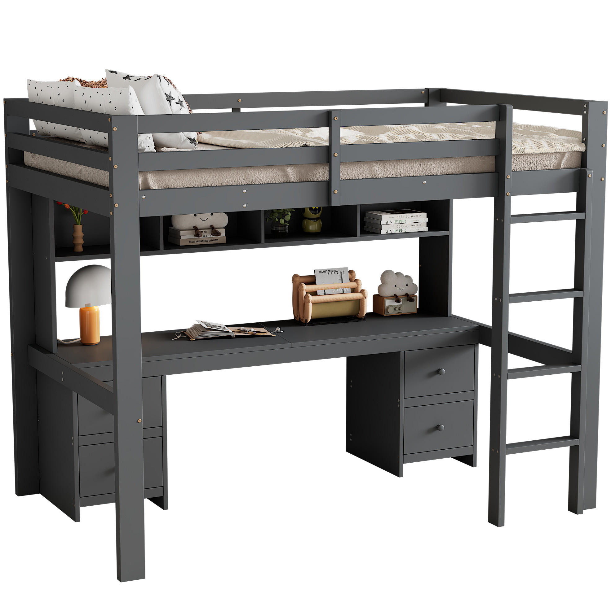 HOCHBETT mit Schreibtisch und Stauraum 90x200 cm Grau - Grau, Holzwerkstoff (90/200cm) - Beauniv