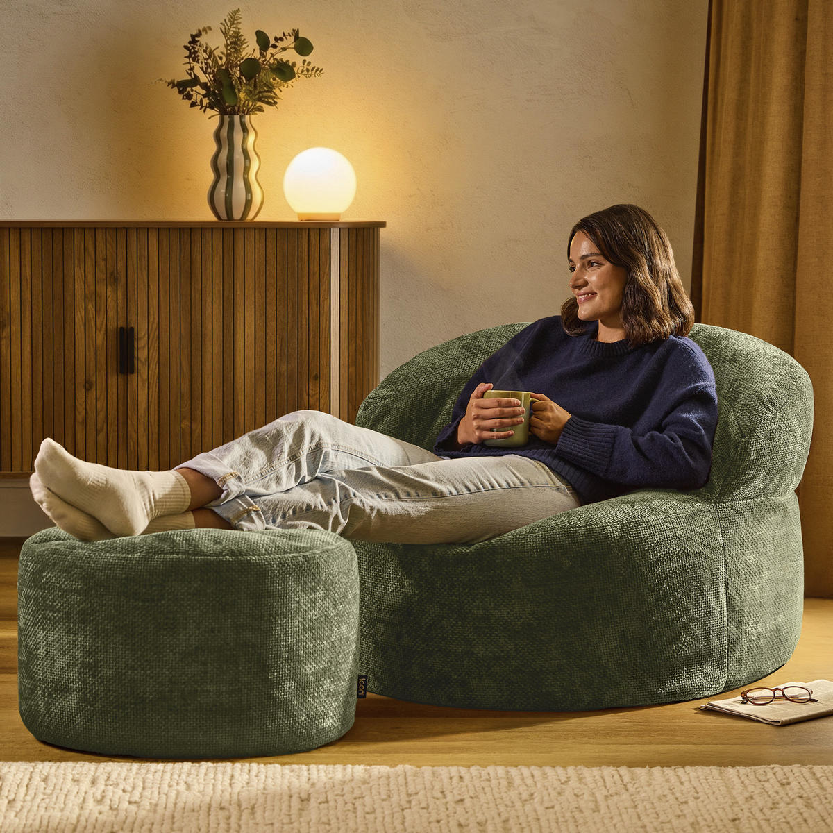 SITZSACK mit rundem Hocker Orb - Olivgrün, Textil (86/61/86cm) - icon