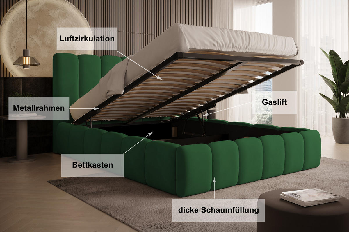 POLSTERBETT Vilo 140x200 mit Bettkasten und Stabilem Metallgestell - Grün, Textil (140/200cm) - Storez24