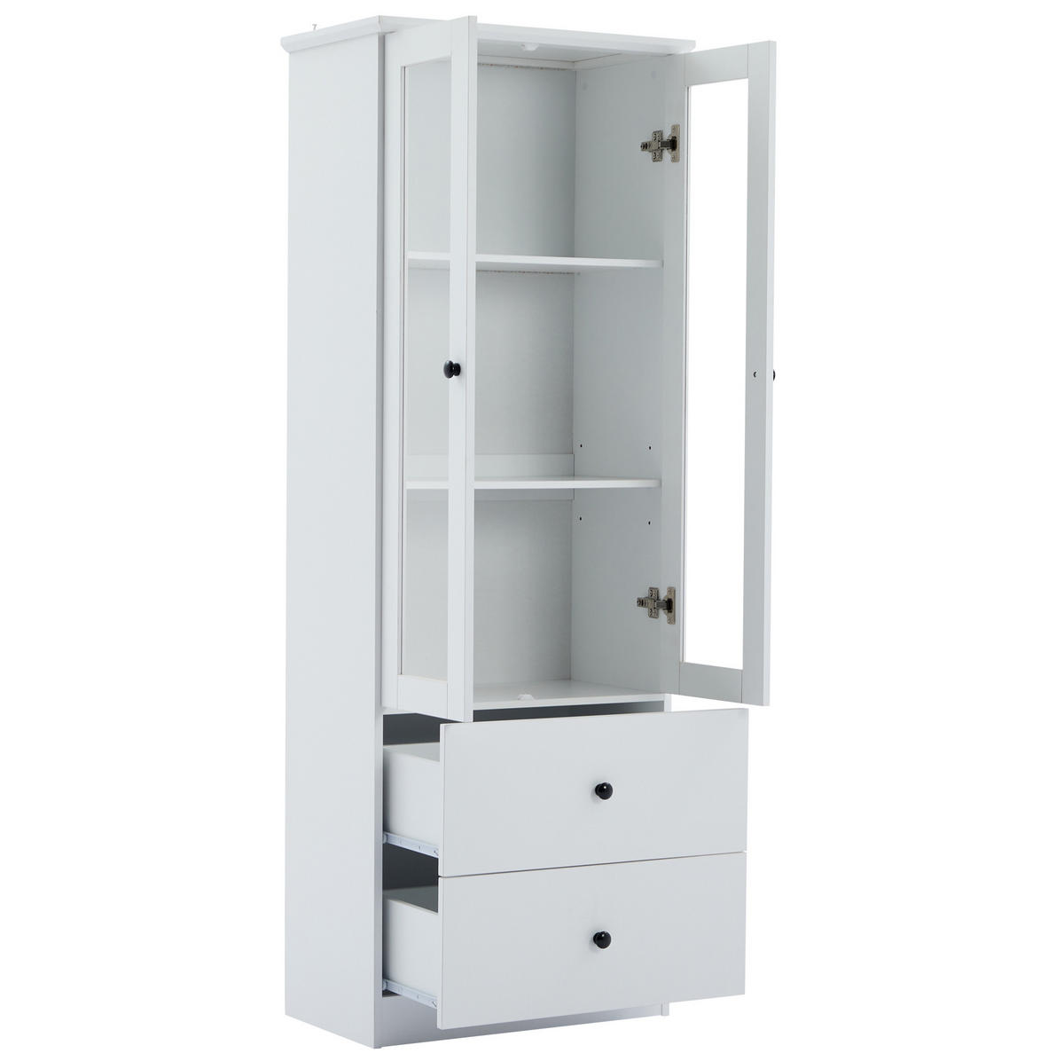 VITRÍNA z MDF a dřevotřísky 60x165x35,5 cm bílá s LED, USB, skleněnými dvířky a 2 zásuvkami - bílá, kompozitní dřevo (60/165/35.5cm) - Modfu