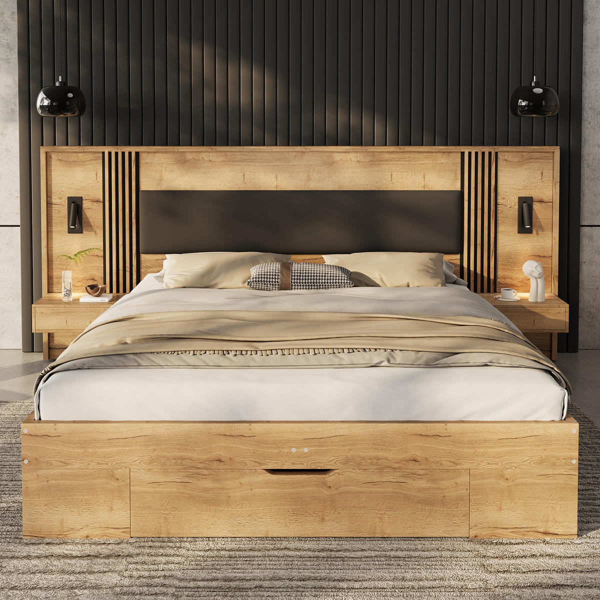 BETT 180/200 cm in Natur mit Schublade, 5 Staufächern und Leselampen MDF modernes Design - Naturfarben, Holzwerkstoff (160/200cm) - STILVORA