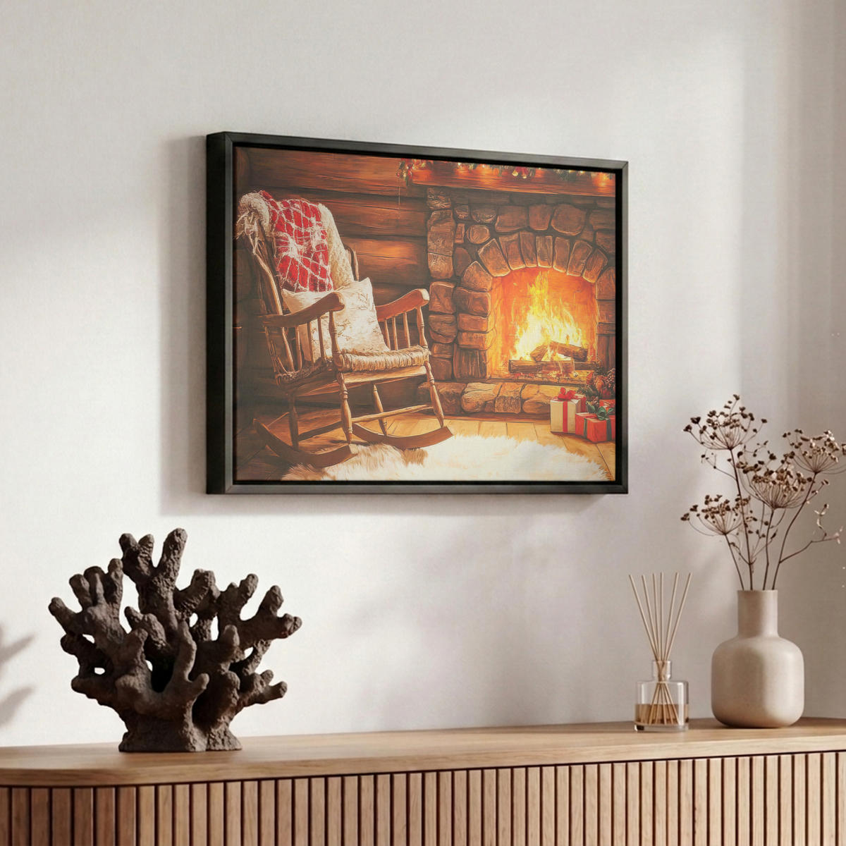 LEINWAND Bilder mit Rahmen - Winter - Weihnachten - Zuhause - Kamin - 30x20 - Bernsteinfarben, Textil (30/20cm) - MuchoWow