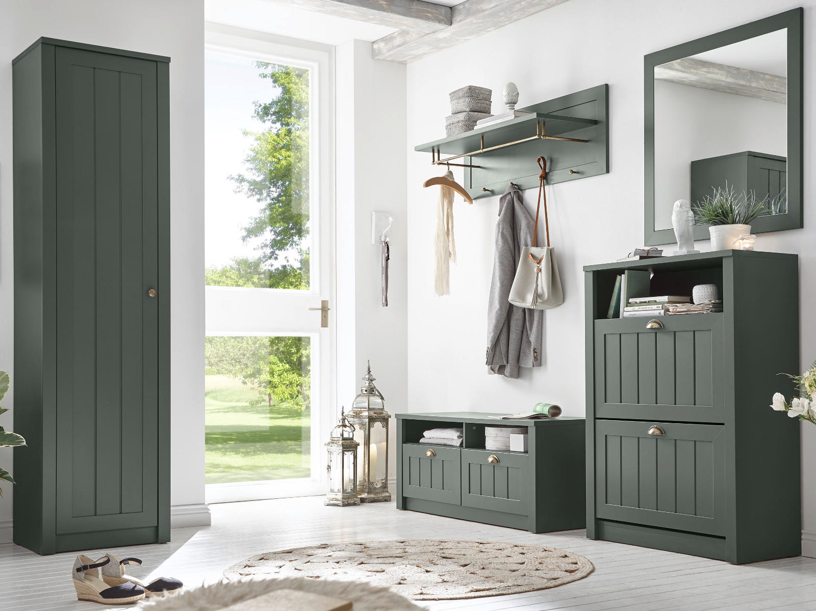 GARDEROBENKOMBINATION grün, Landhausstil, Garderobe Set 5-teilig 272 x 198 cm - Dunkelgrün/Goldfarben, Holzwerkstoff/Kunststoff (273/198/43cm) - Furn.Design