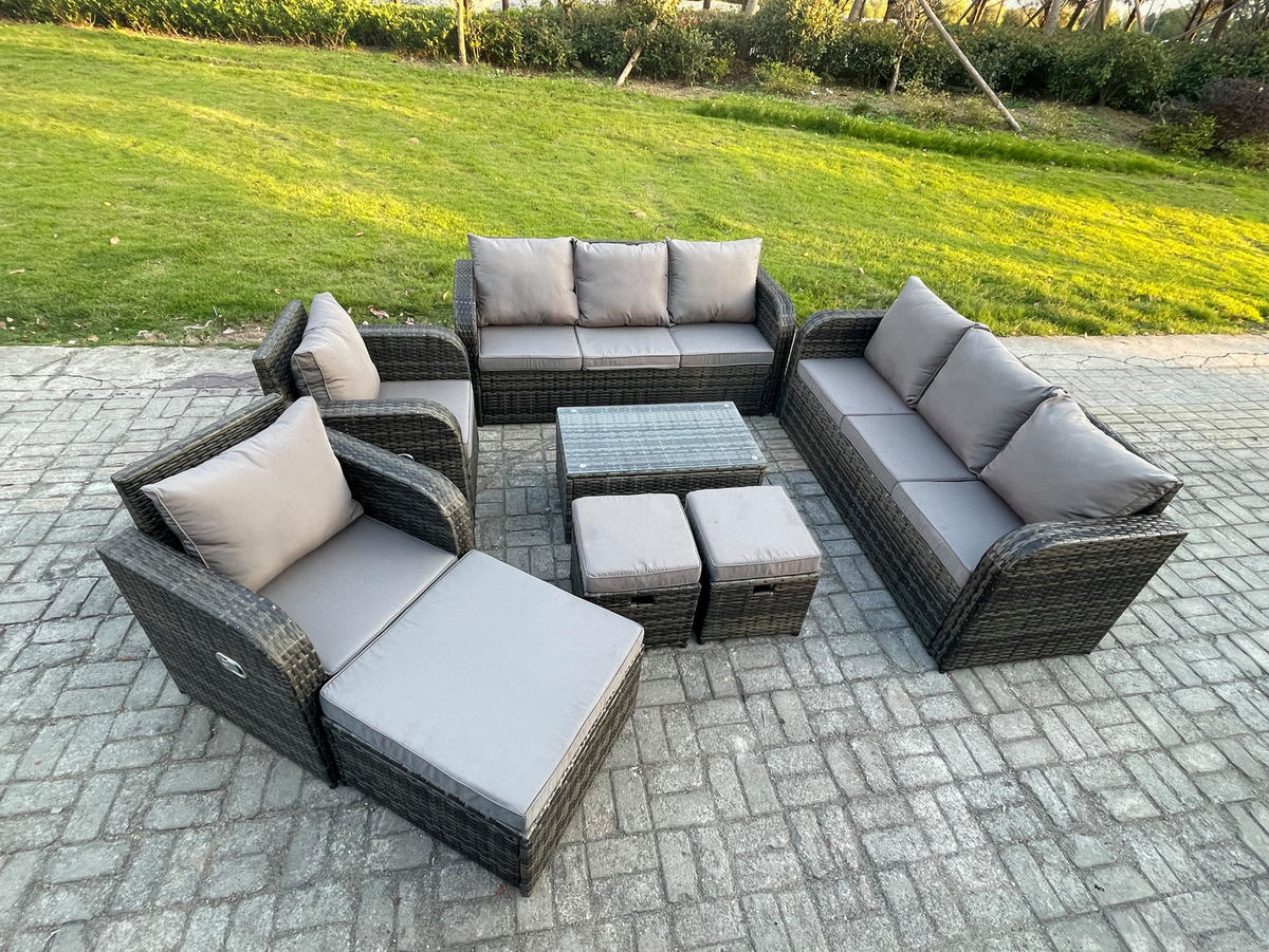GARTENMÖBEL-SET mit Kissen Polyrattan Dunkelgrau 11-Sitzer - Dunkelgrau/Grau, Glas/Kunststoff - Fimous