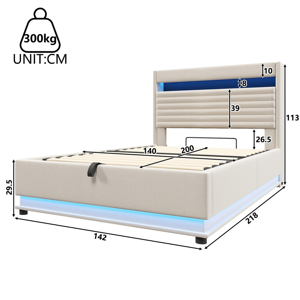 POLSTERBETT 140/200 cm Beige mit LED-Beleuchtung, USB- und Typ-C-Anschluss, hydraulischem Stauraum und Leinenbezug - Beige, Textil (140/200cm) - OKMYHOME