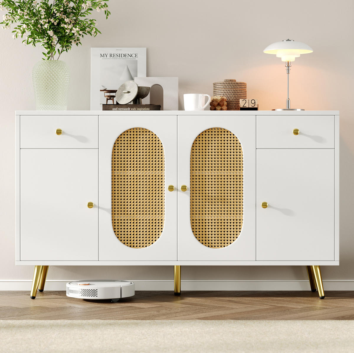 SIDEBOARD 140/35/82 cm Weiß/Natur aus Spanplatte mit 2 Schubladen und 4 Türen - Naturfarben, Holzwerkstoff (35/82/140cm) - OKMYHOME