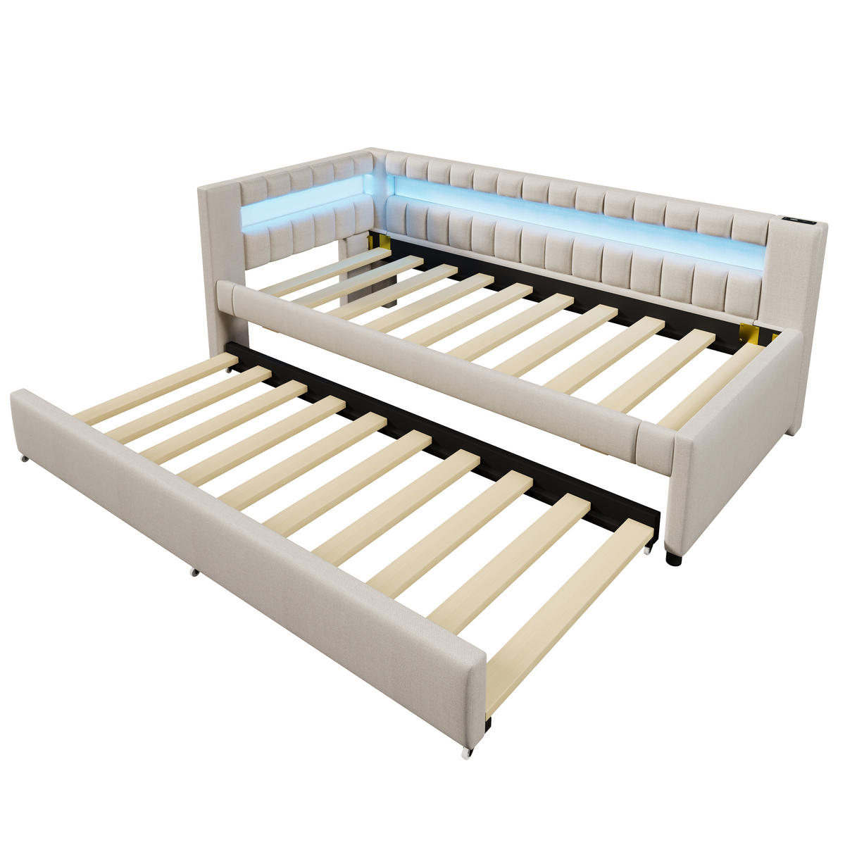 POLSTERBETT aus Leinen 90x200 cm in Beige mit Ausziehbett, LED & USB-Type-C - Beige, Textil (90/200cm) - Modfu