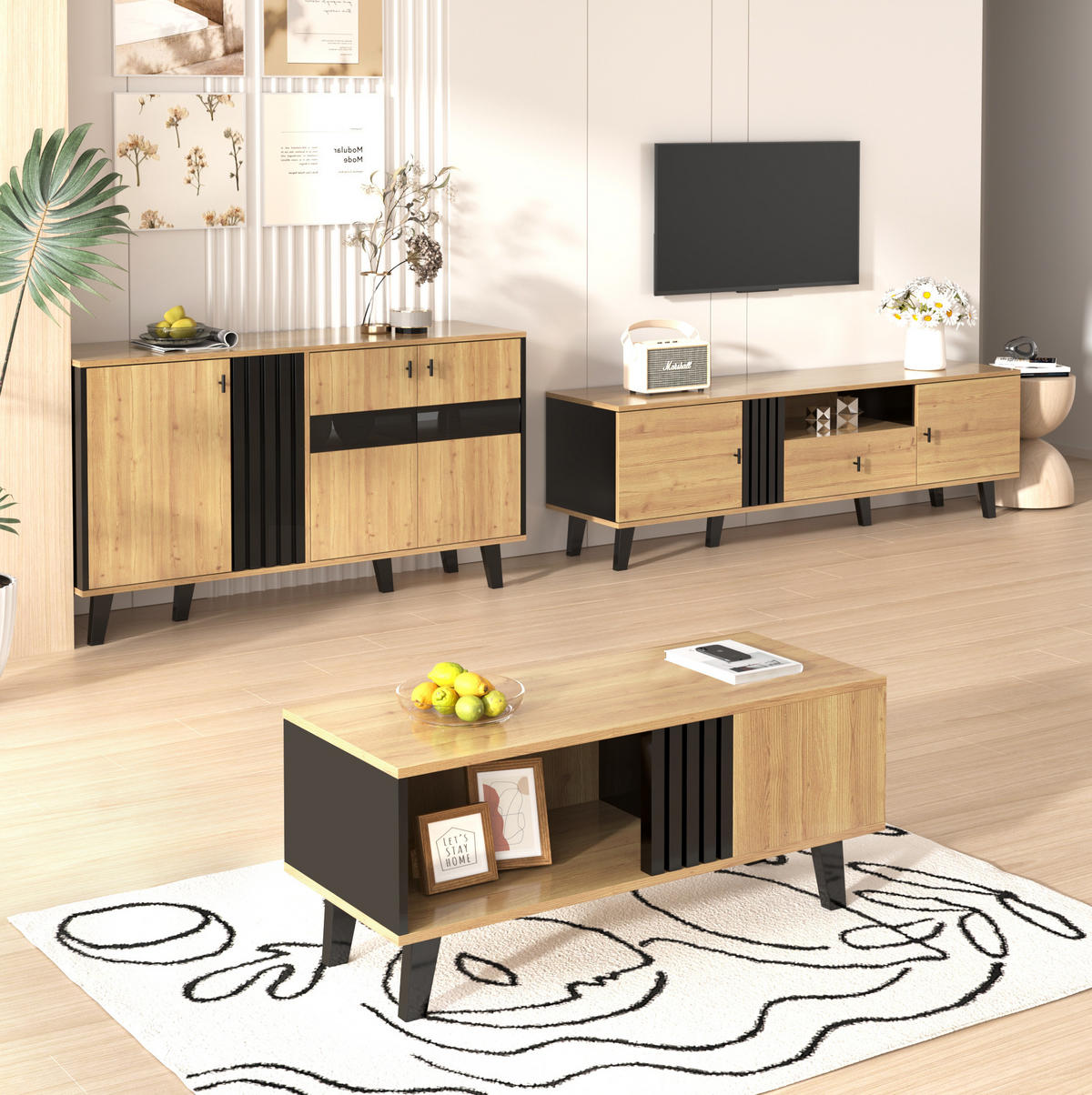 SIDEBOARD mit 3 Türen 140 x 78,5 x 41 cm Holzoptik Schwarz - Braun, Glas (140/78.5/41cm) - Meubliv