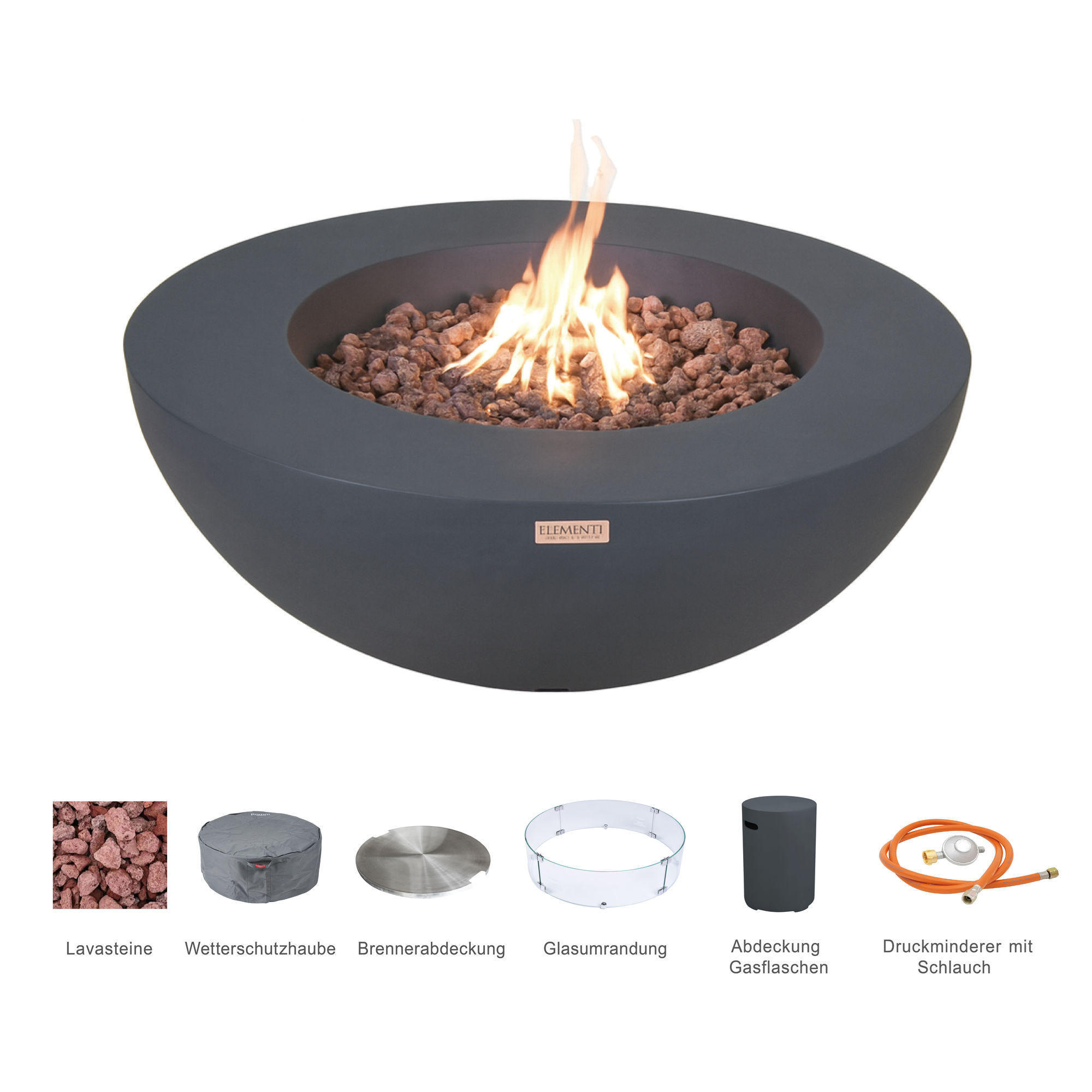 FEUERTISCH LUNAR BOWL Gasfeuerstelle aus GF-Beton - 4-tlg. Set inkl. Glasumrandung, Brennerabdeckung und Gasflaschen-Abdeckung - Dunkelgrau, Naturmaterialien (107/40/107cm) - Elementi