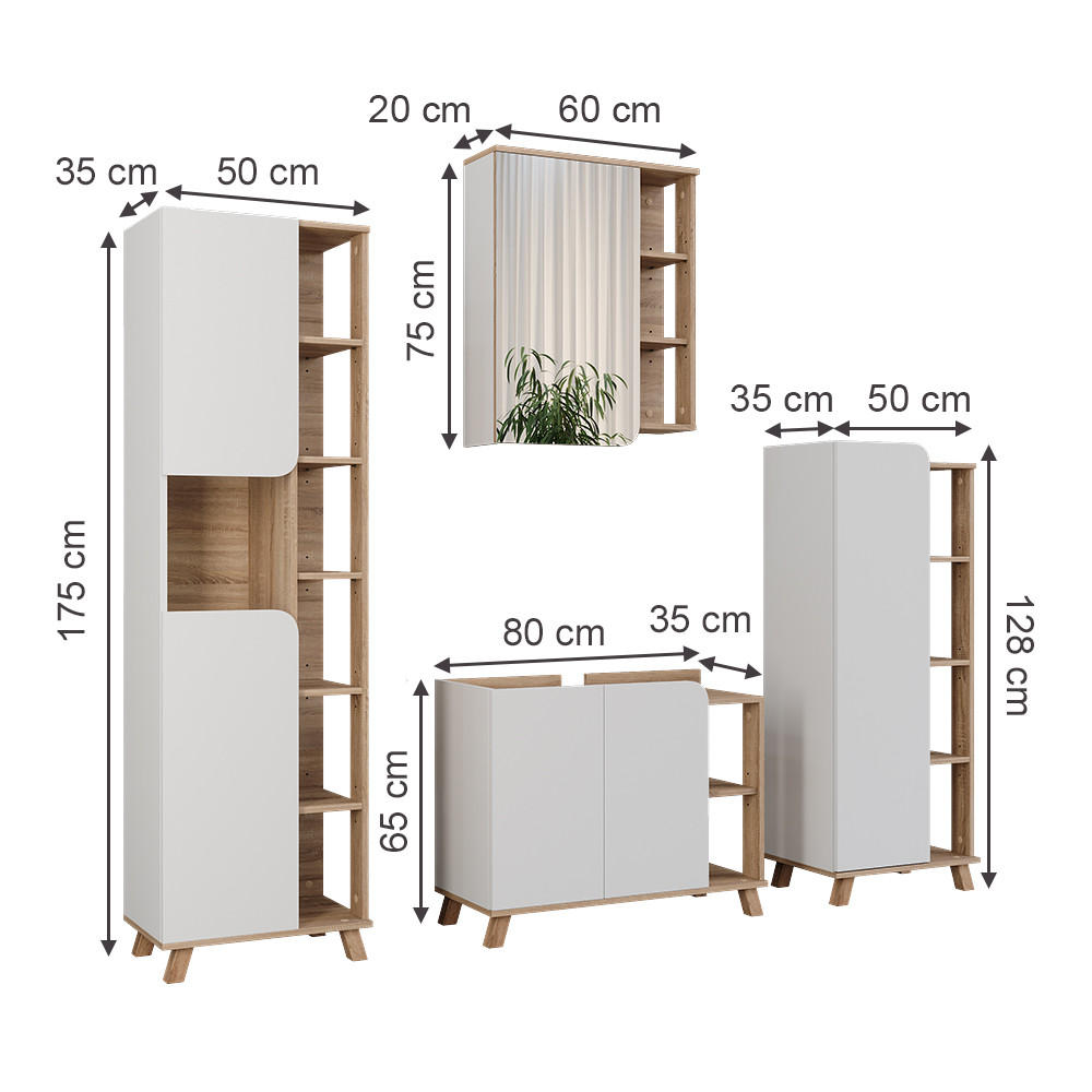 BADMÖBEL-SET Karen Sonoma/Weiß 4 Teile - Weiß/Sonoma Eiche, Holzwerkstoff (80/65/35cm) - Vicco
