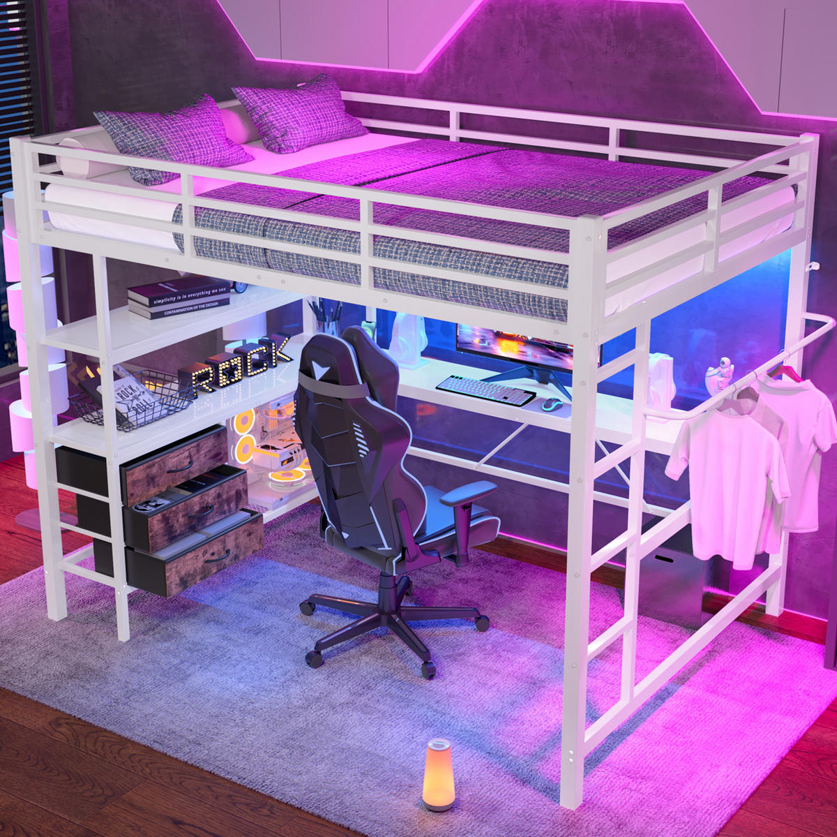 HOCHBETT aus Metall und MDF 140x200 cm Weiß mit LED-Beleuchtung, Schreibtisch, USB, Steckdose und 3 Schubladen - Weiß, Metall (140/200cm) - Modfu