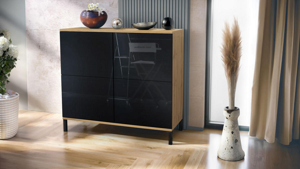 KOMMODE Rova Schwarz Hochglanz - Schwarz Hochglanz, Holzwerkstoff (92.5/83.5/35cm) - Vladon