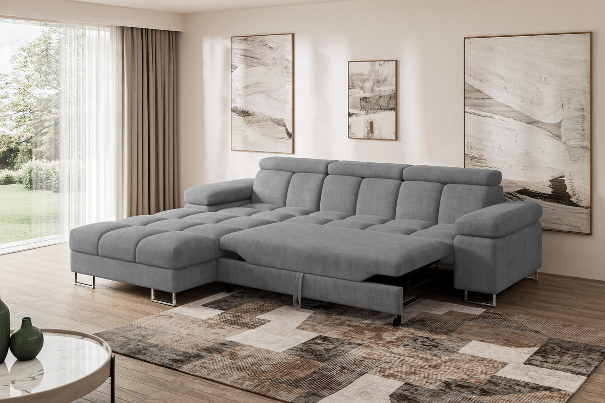 ECKSOFA mit Schlaffunktion Ottomane Links COMA L 271x203x79 Grau Velours - Grau, Holzwerkstoff/Textil (271/203cm) - ALTDECOR
