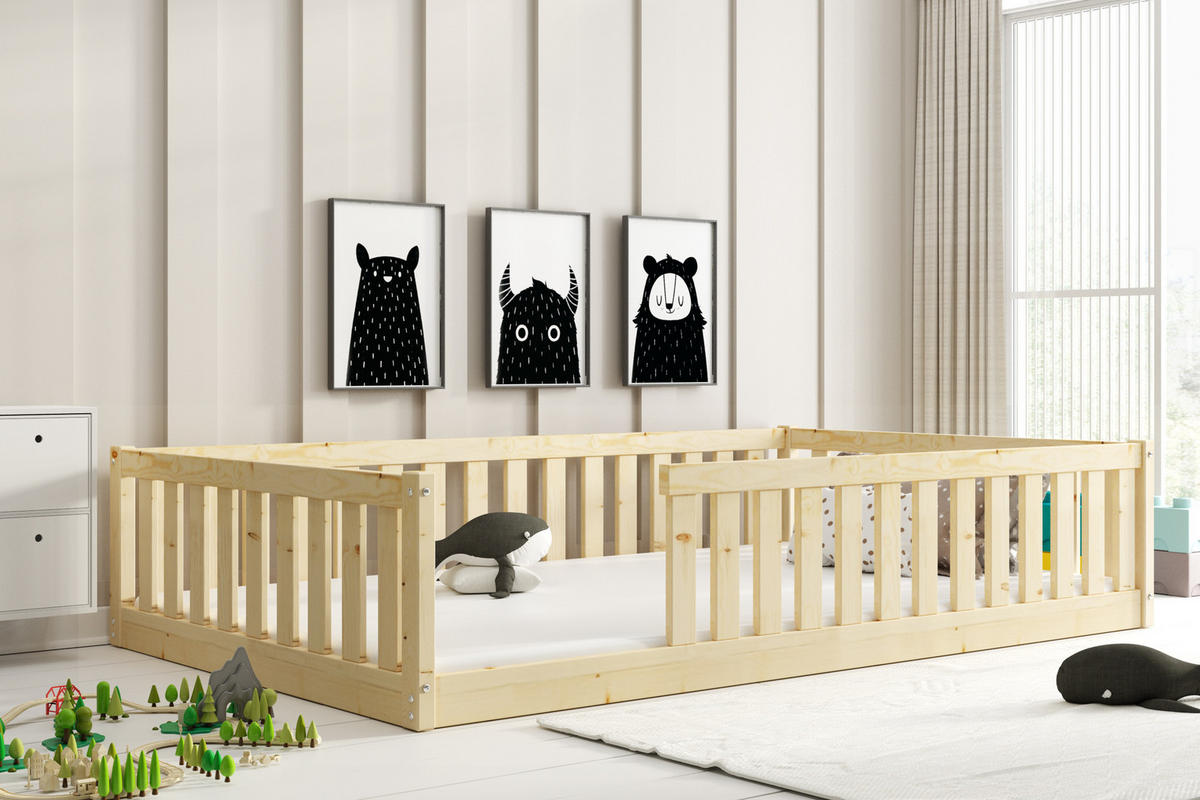 BODENBETT 120x200 cm in Pine Montessori Kinderbett aus Holz mit Rausfallschutz & Lattenrost BELLA - Naturfarben, Holz (120/200cm) - Interbeds
