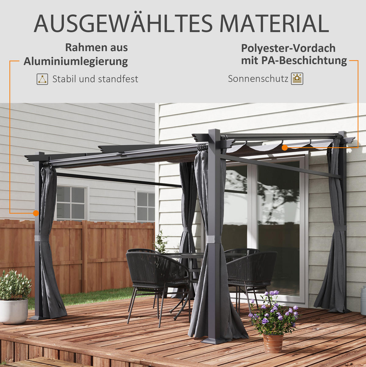 PAVILLONS aus Stahl 2,97x2,95x1,95-2,3 m in Dunkelgrau mit ausziehbarem Vordach - Dunkelgrau, Metall (295/230/297cm) - Modfu