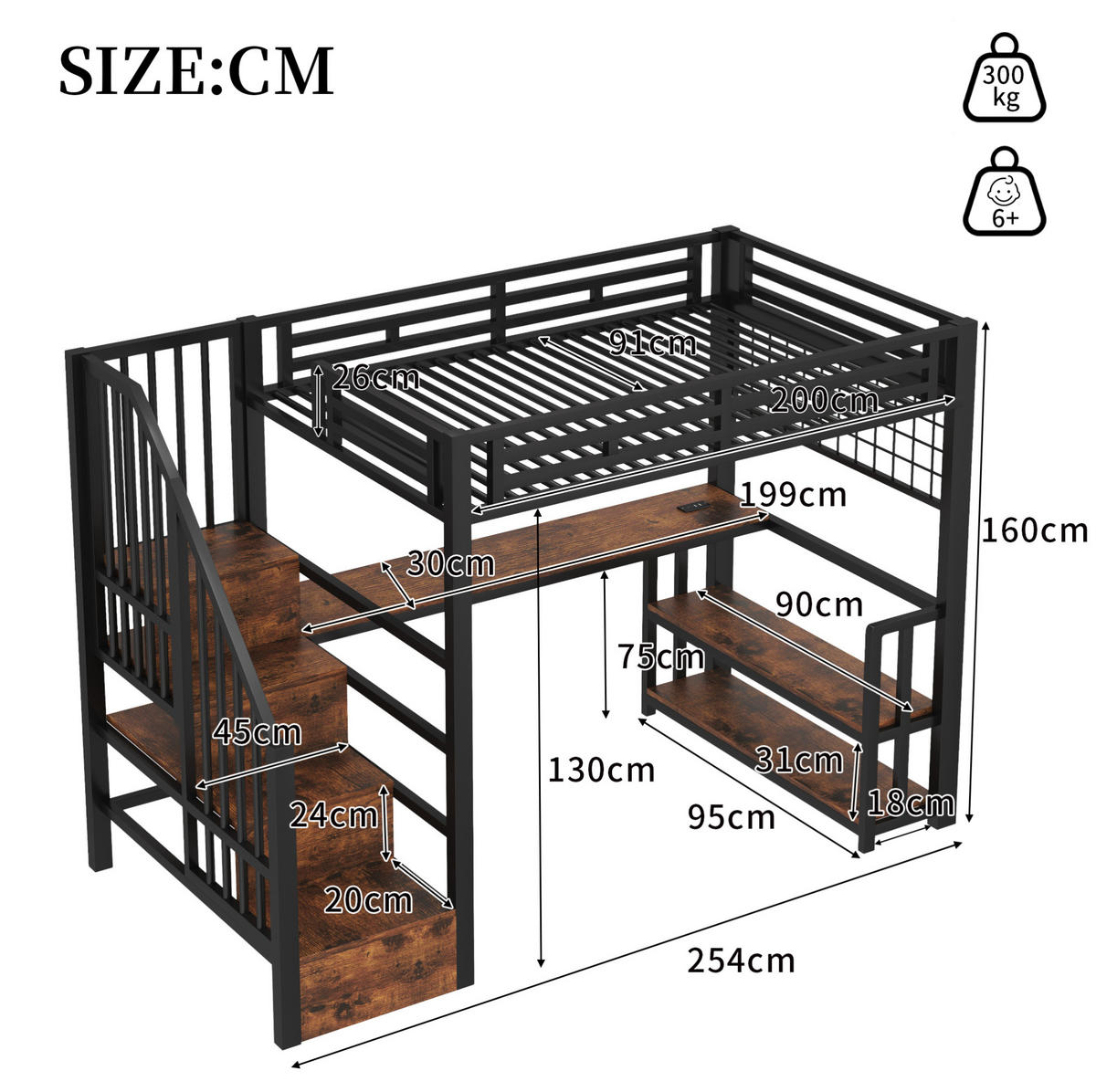 HOCHBETT 90/200 cm Schwarz aus Metall mit Schreibtisch - Schwarz, Metall (90/200cm) - OKMYHOME