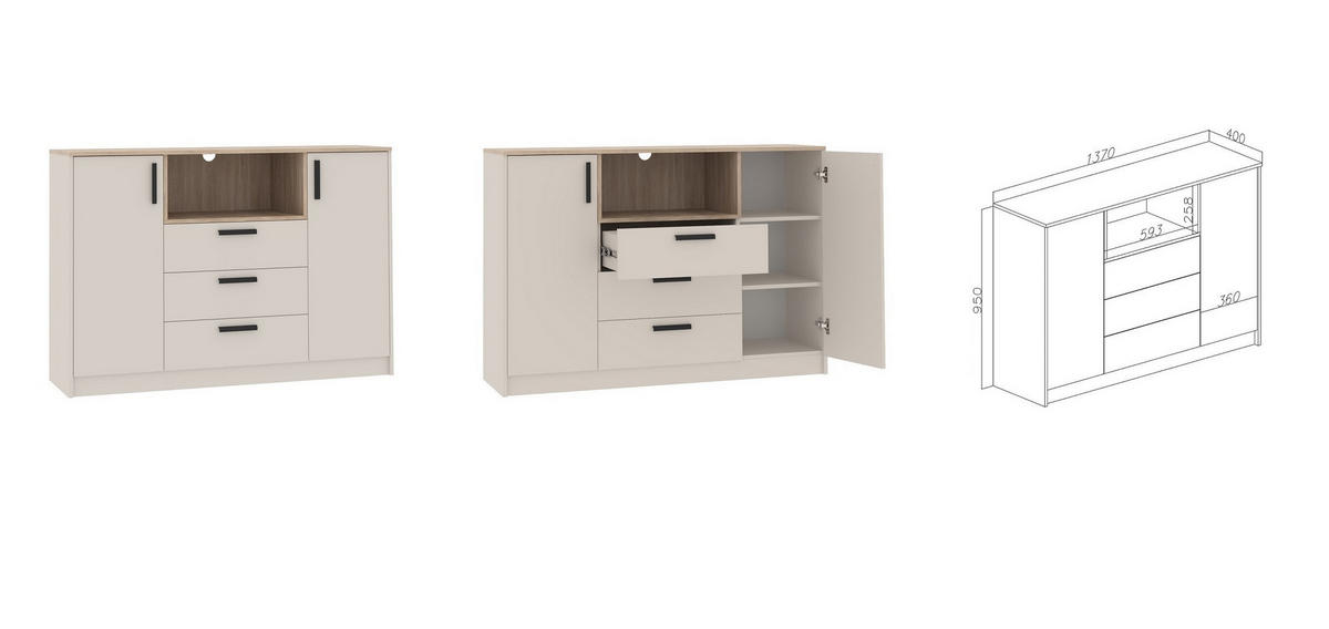SCHRANKSYSTEM SCHREIBTISCH KOMBIKOMMODE GRANT SET 27/C GRAUBEIGE CASHMERE - Kaschmir/Schwarz, Holzwerkstoff (405/195/91cm) - Marmex Möbel