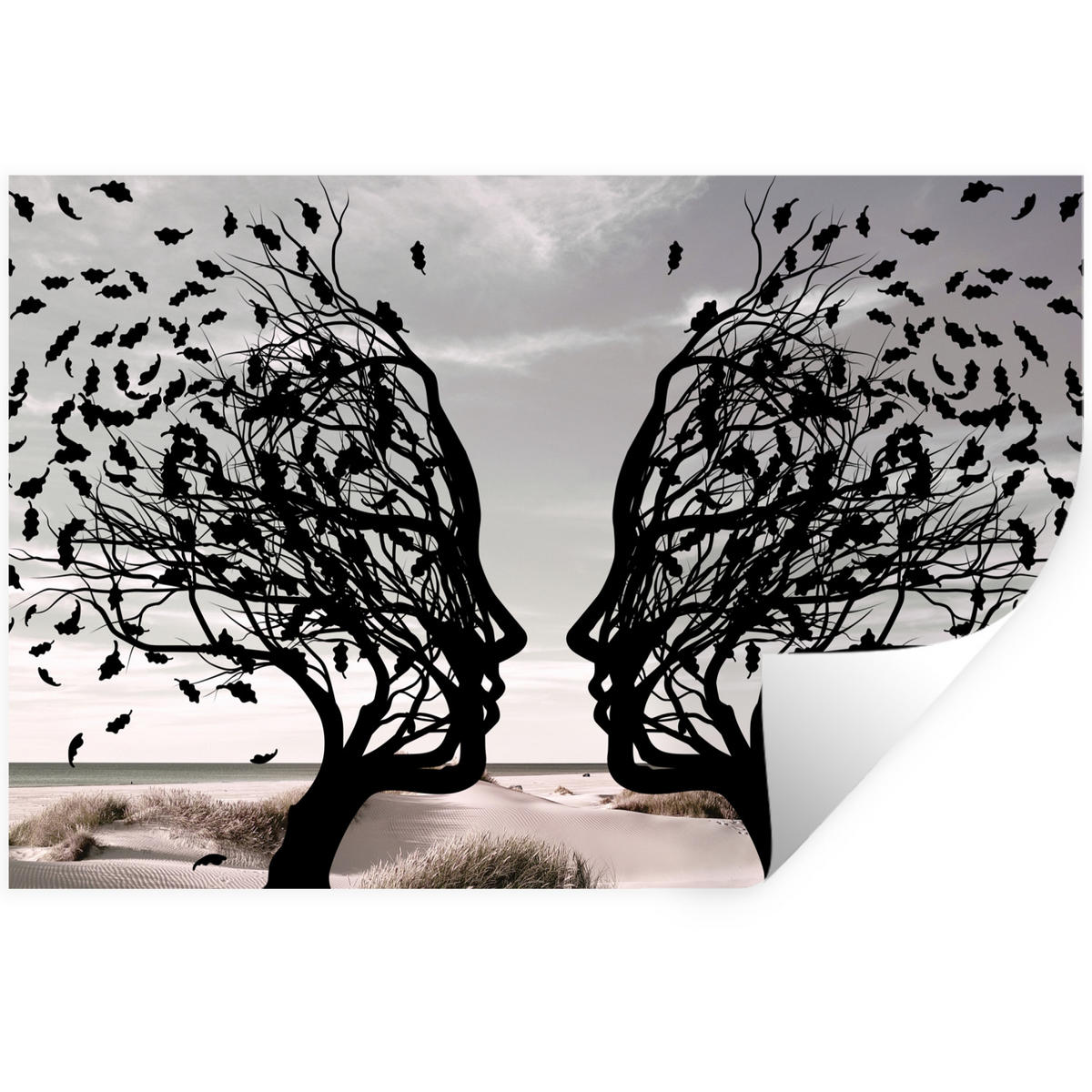 WANDTATTOO Strand - Meer - Menschen - Baum - Moderne Kunst 60x40 cm - Hellgrau, Kunststoff (60/40/0.1cm) - MuchoWow