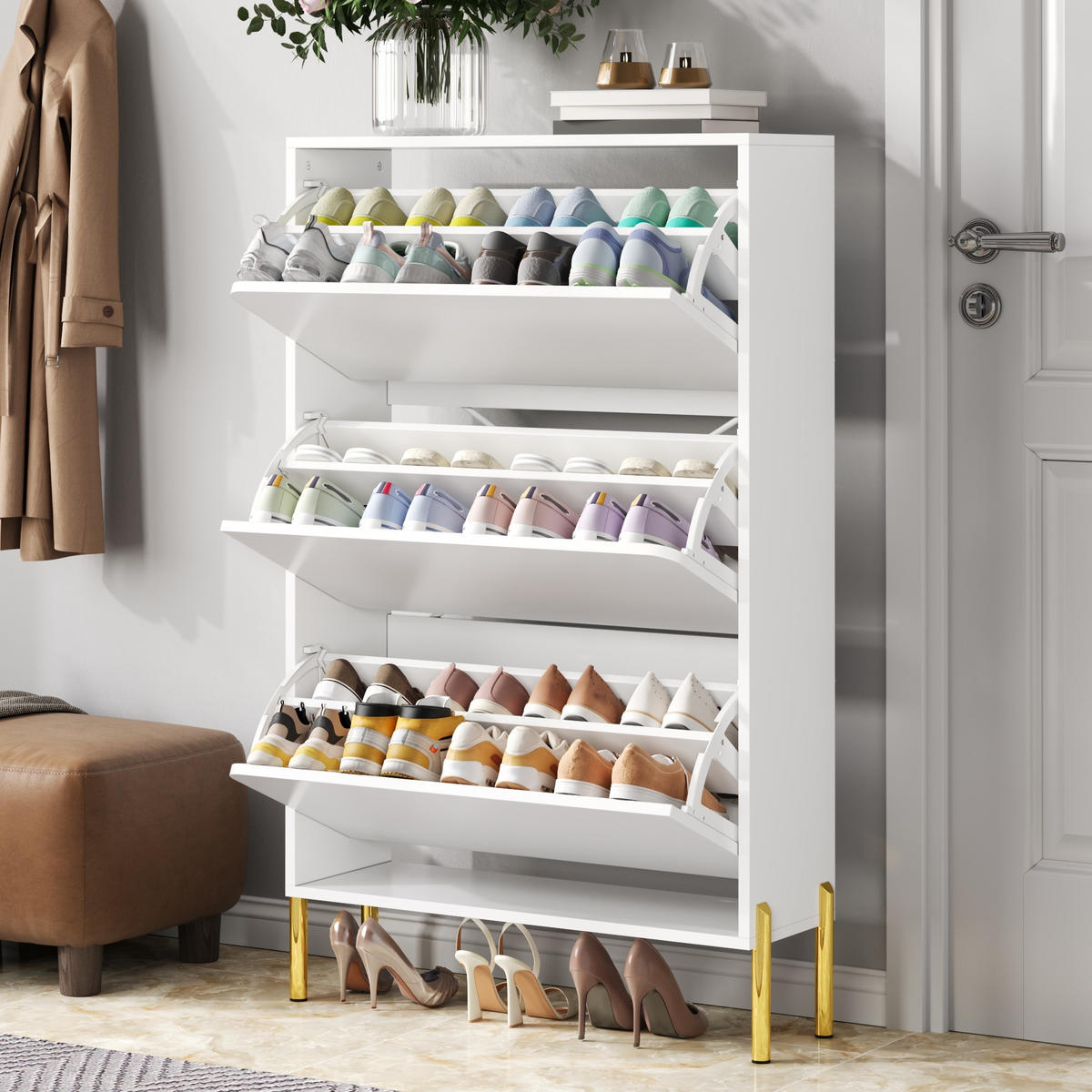 SCHUHSCHRANK in Weiß Schuhkommode mit 3 Türen, großem Stauraum und goldenen Schrankfüßen für Foyer, B73/T24/H120cm - Goldfarben/Weiß, Holzwerkstoff/Metall (73/120/24cm) - STILVORA