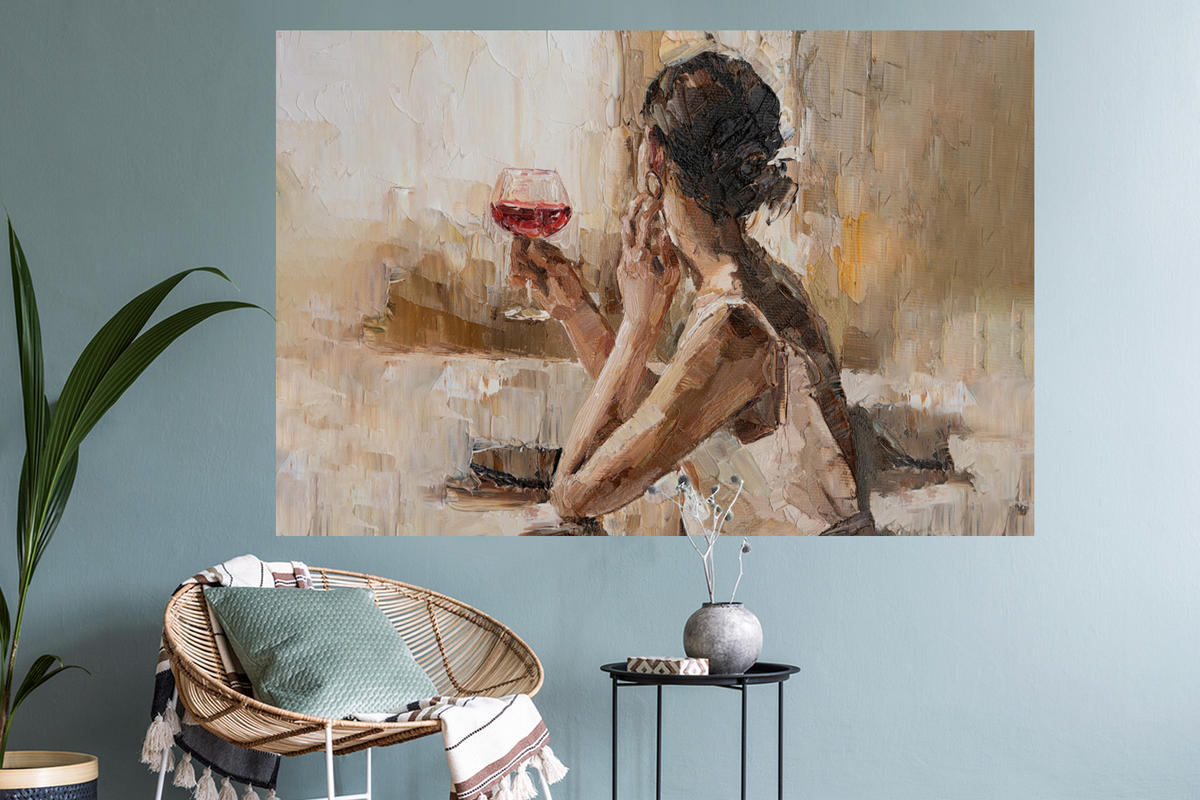 WANDTATTOO Ölgemälde - Frau - Wein 120x80 cm - Hellbraun, Kunststoff (120/80/0.1cm) - MuchoWow