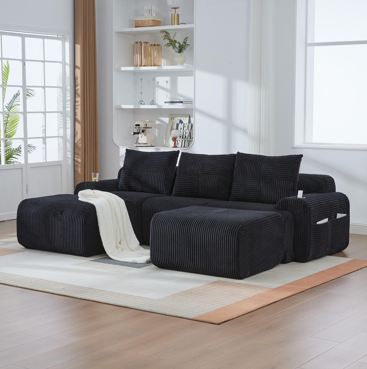 MODULSOFA 3-Sitzer 268 x 174 cm Corduroy Black - Schwarz, Kunststoff (174/80/268.1cm) - Meubliv
