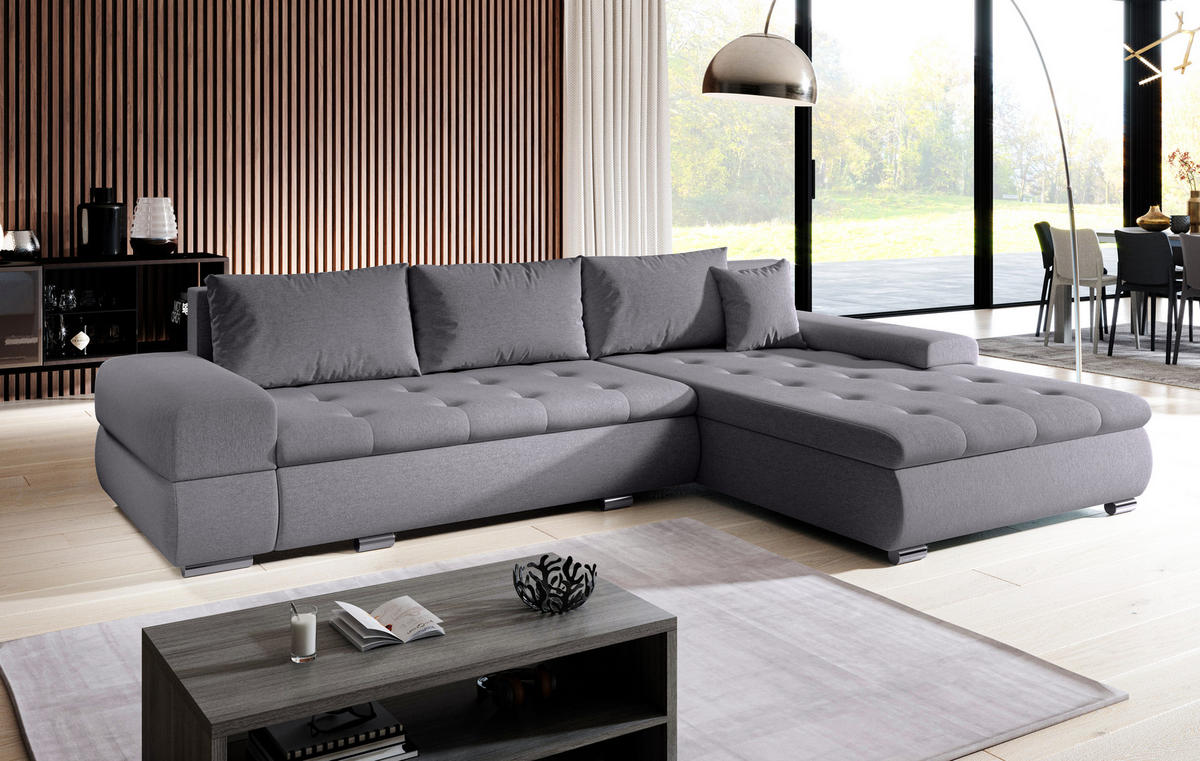 ECKSOFA L Form Sivaso Grau 310/210/85 cm – mit Schlaffunktion und Bettkasten - Silberfarben/Grau, Textil/Metall (310/210cm) - AX Living