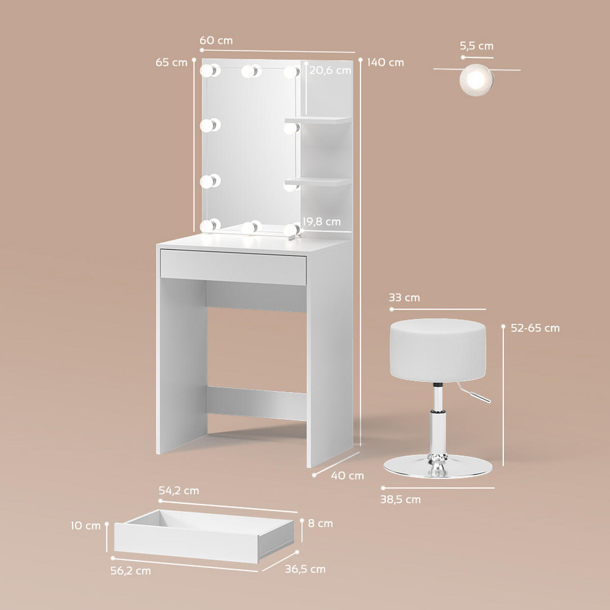 SCHMINKTISCH Nola Weiß mit LED Beleuchtung und Hocker - Weiß, Holzwerkstoff (60/140/40cm) - Livinity®