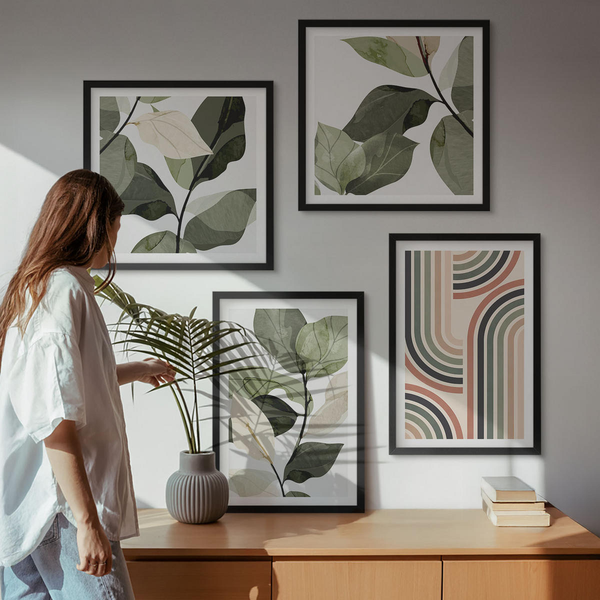 WANDBILDER 4er-Set - 50x50 cm & 40x60 cm Schwarzer Rahmen - Geometrische Pflanzenmotive - Schwarz, Kunststoff (50/50cm) - ArtPrintCave