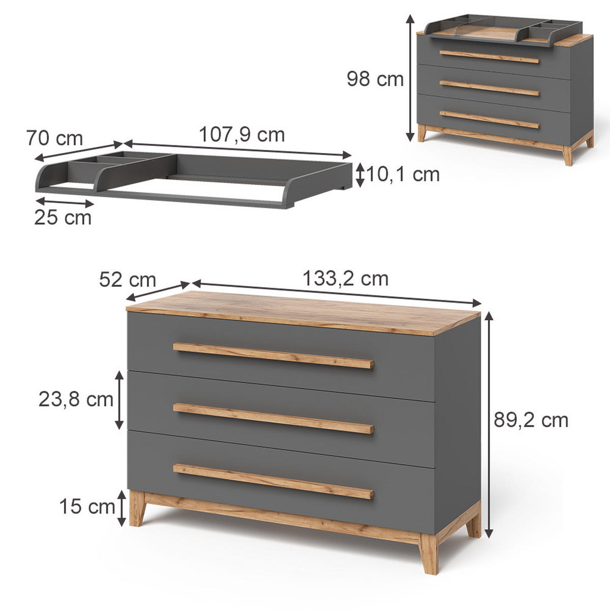 WICKELKOMMODE Malia Grau/Artisan 133.2 x 98 cm mit 3 Schubladen - Hellgrau/Grau, Holzwerkstoff (133.2/98/70cm) - VitaliSpa
