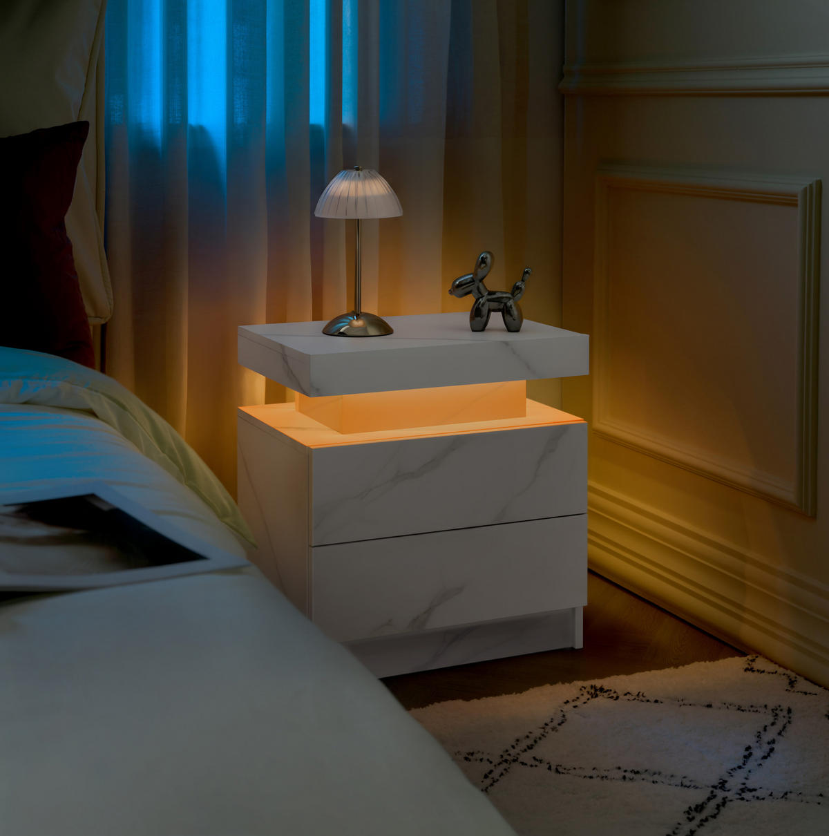 NACHTTISCH 50/53/36 cm mit LED-Beleuchtung & 2 Schubladen in Mattweiß - Weiß, Holzwerkstoff (53/36/50cm) - BEAOK