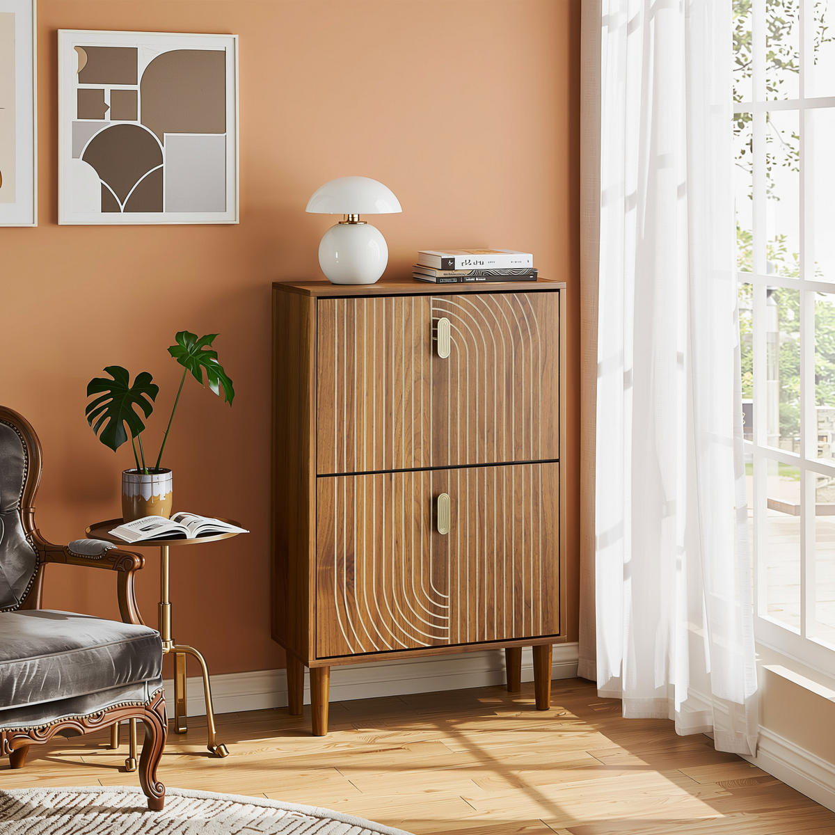 SCHUHSCHRANK 60 cm Braun mit 2 Klappfächern, Rillenfront und Metallgriff für Flur - Braun, Holzwerkstoff (60/96/24cm) - Urban Meuble
