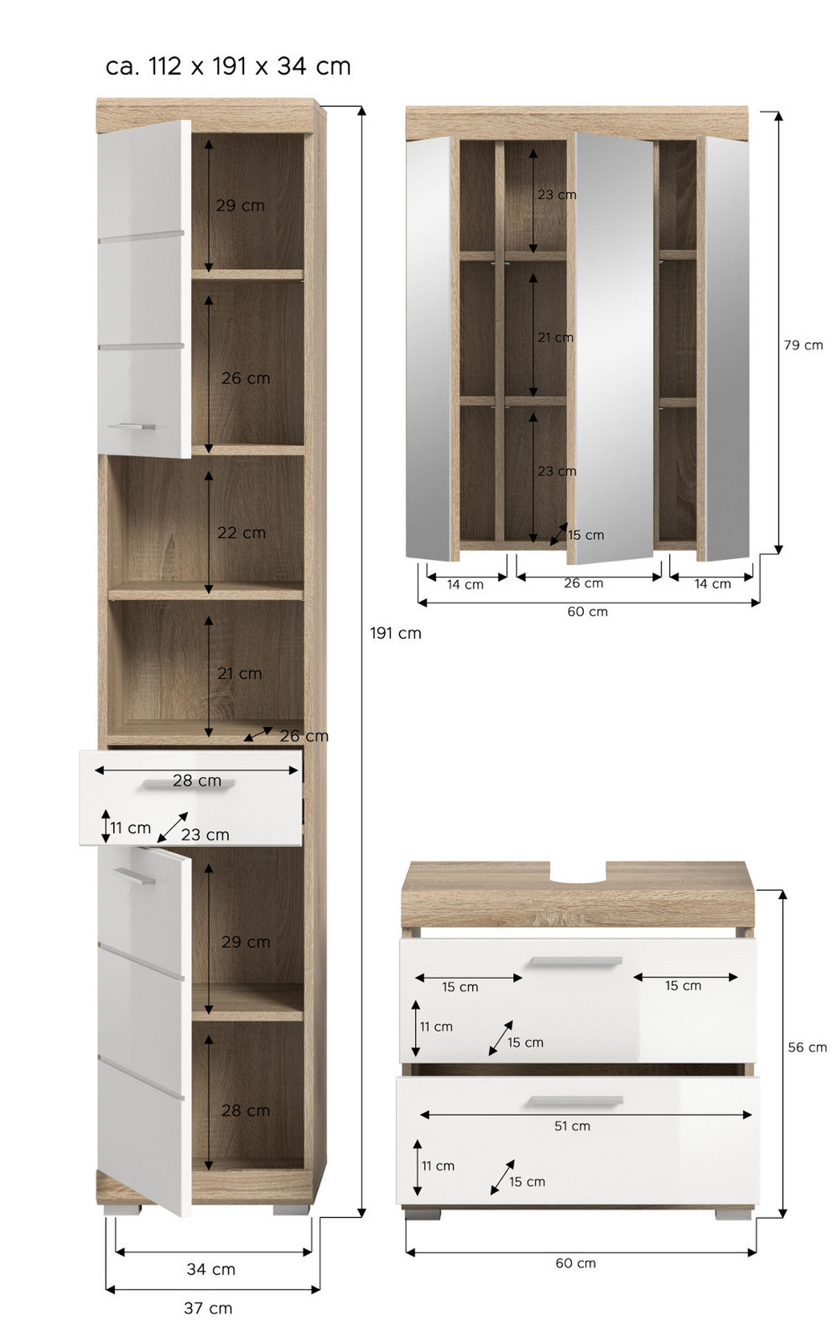 BADMÖBEL-SETweiß Hochglanz, Eiche 3-teilig 112 cm, viel Stauraum - Weiß Hochglanz/Eichefarben, Holzwerkstoff (112/191/37cm) - Inn.Furn