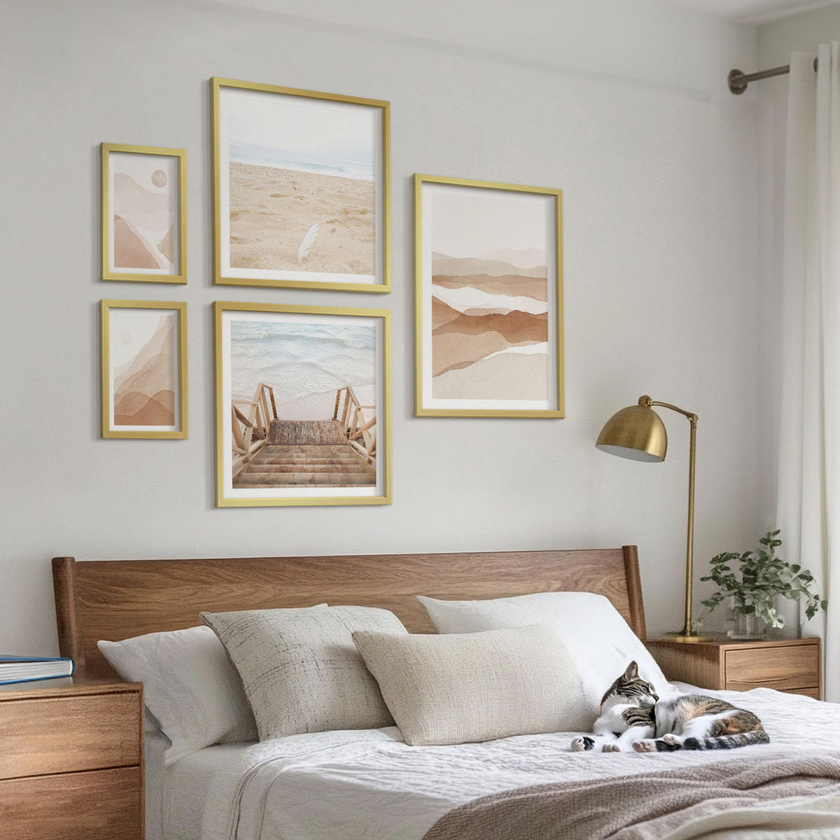 WANDBILDER 5er Set - 50x50 cm & 20x30 cm & 40x60 cm Goldrahmen - Abstrakte braune Landschaften - Goldfarben, Kunststoff (40/60cm) - ArtPrintCave